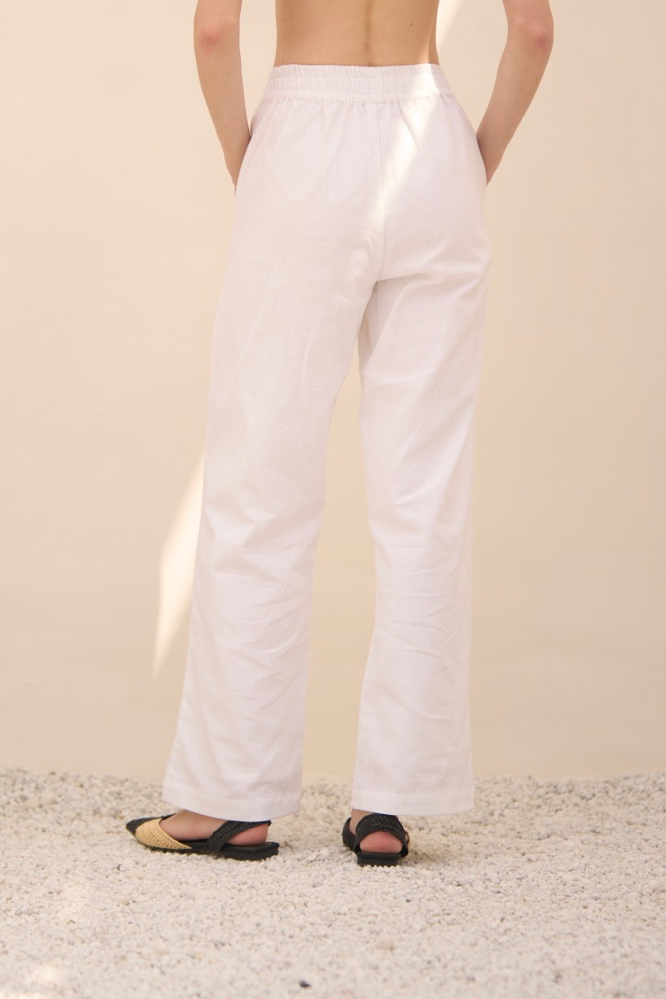 MALIBU WHITE COTTON LINEN STRAIGHT FIT ELASTICATED WAIST FULL LENGTH TROUSERS WITH FULL COTTON LINING