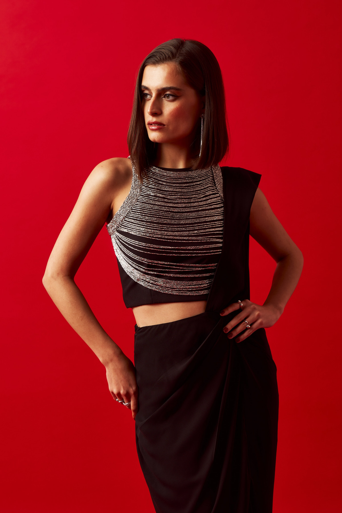 LEILA 02 BLACK JEWELLED NECK CROPPED LENGTH TOP WITH ZIP SARI