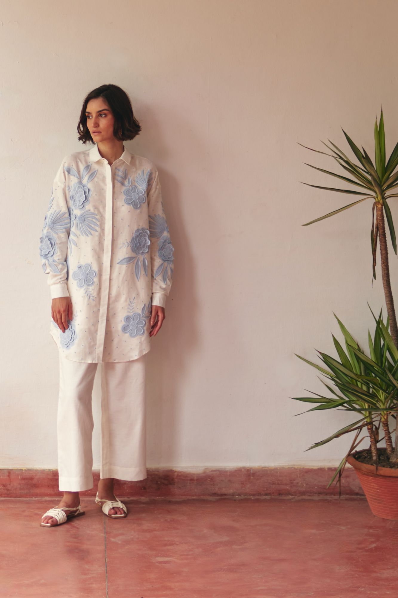 FLORENTINA OFF WHITE SHIRT TUNIC WITH BLUE COLOR HAND EMBROIDERY AND PANTS CO-ORDINATE