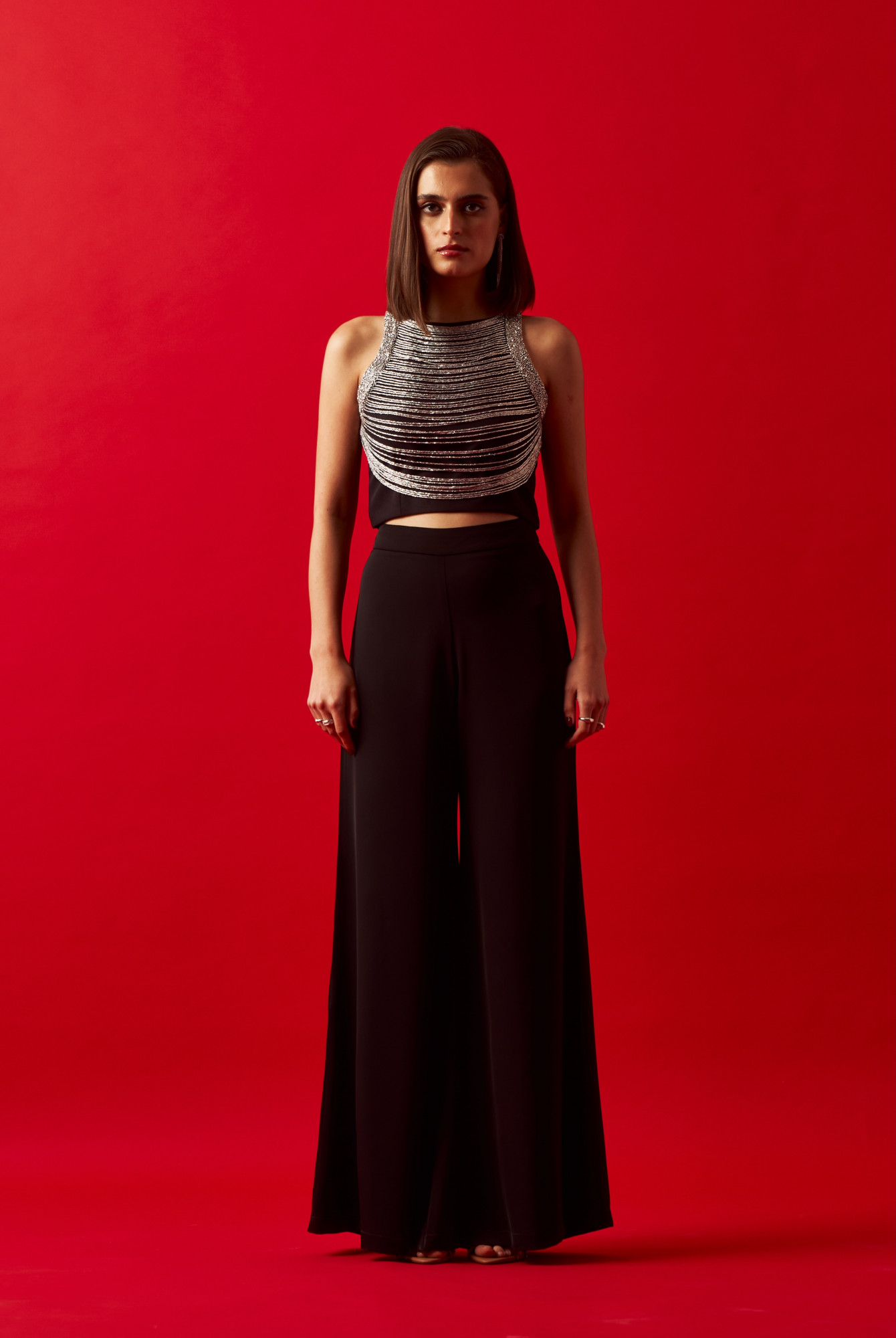 LEILA 02 BLACK HAND CRAFTED SILVER GLASS BEADS JEWELLED NECK CROP TOP