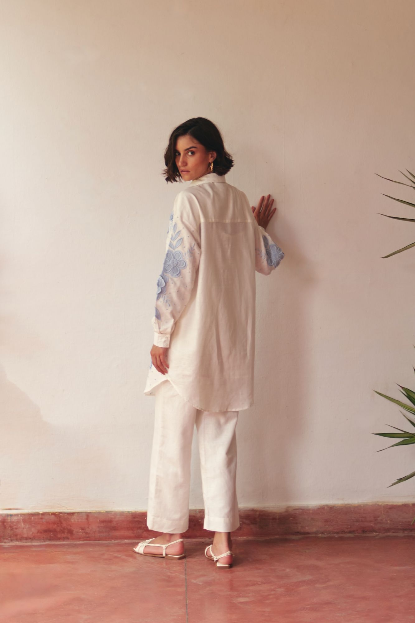 FLORENTINA OFF WHITE SHIRT TUNIC WITH BLUE COLOR HAND EMBROIDERY AND PANTS CO-ORDINATE