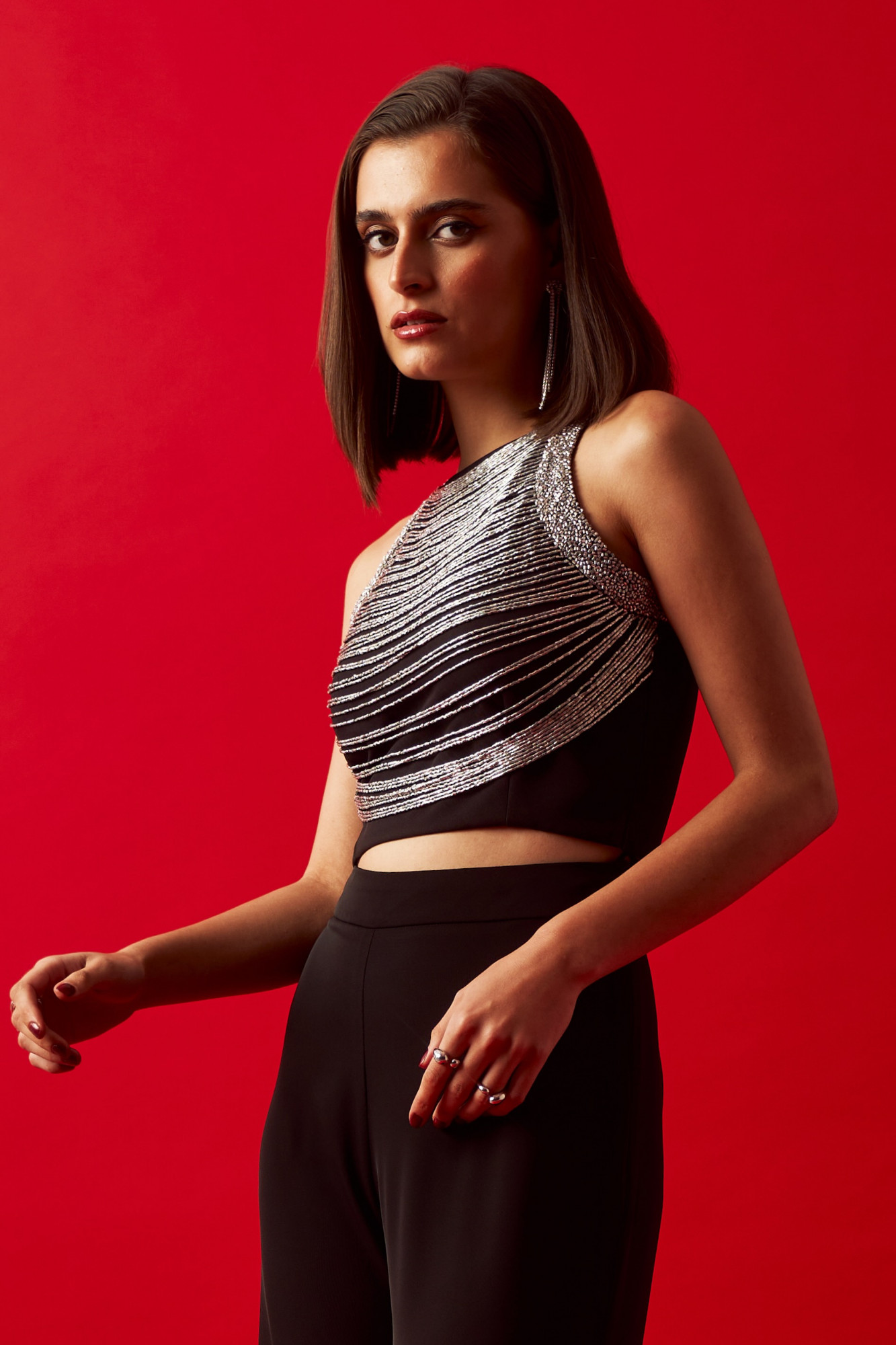 LEILA 02 BLACK HAND CRAFTED SILVER GLASS BEADS JEWELLED NECK CROP TOP