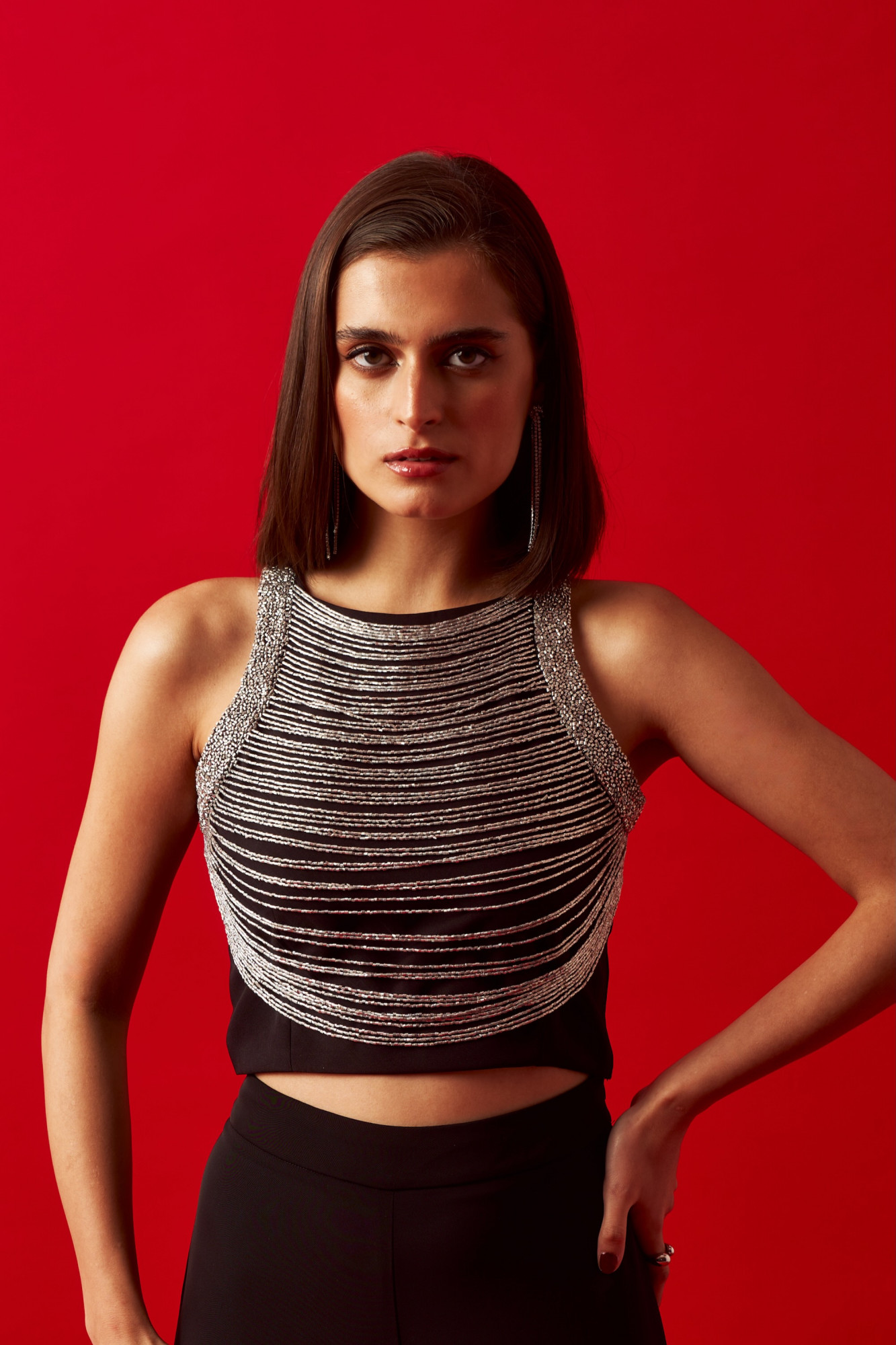 LEILA 02 BLACK HAND CRAFTED SILVER GLASS BEADS JEWELLED NECK CROP TOP