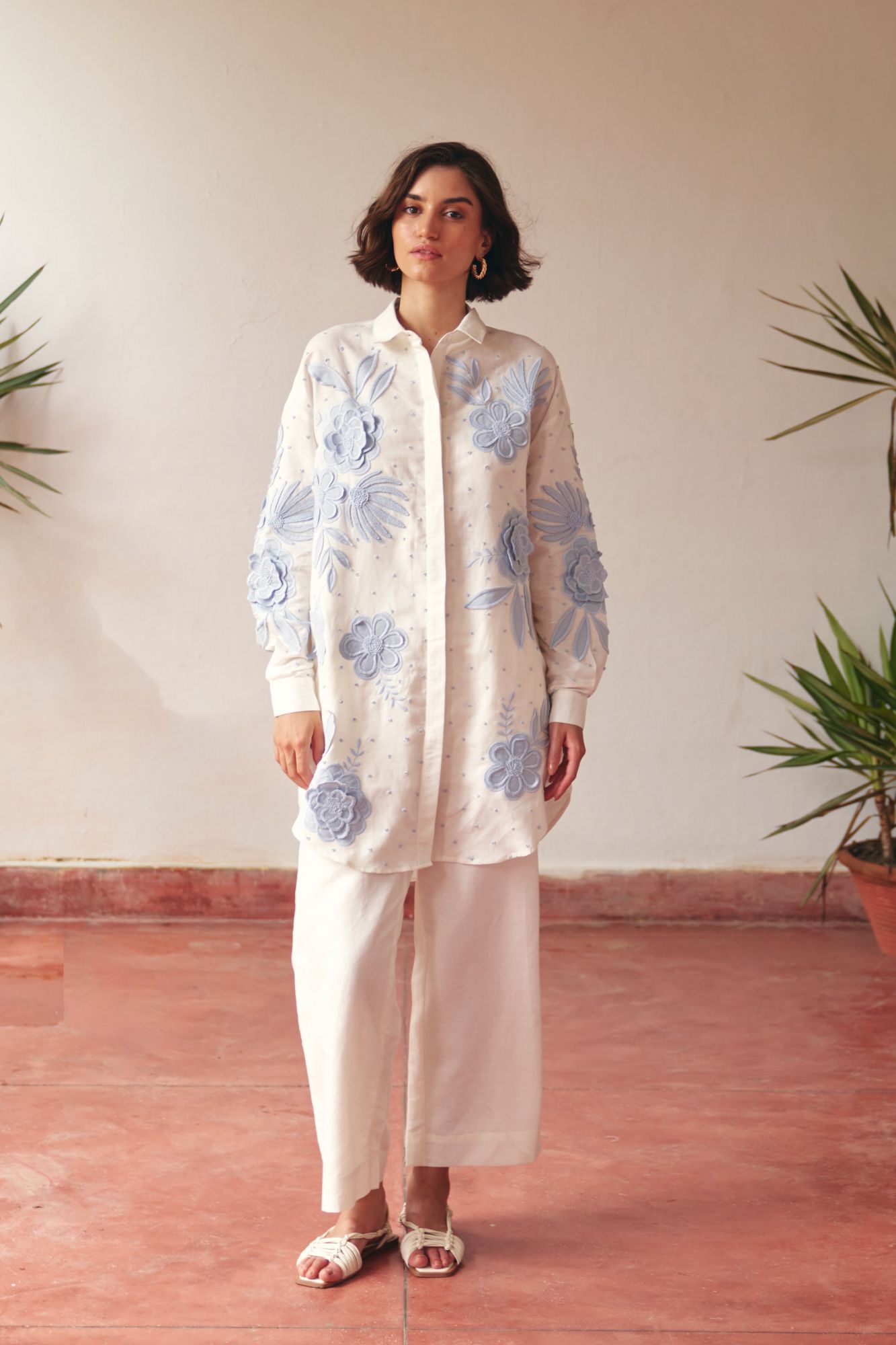 FLORENTINA OFF WHITE SHIRT TUNIC WITH BLUE COLOR HAND EMBROIDERY AND PANTS CO-ORDINATE