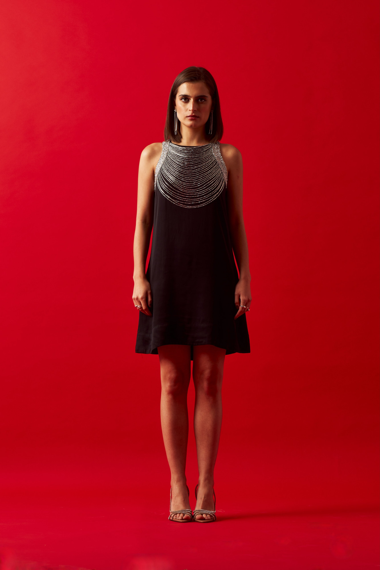 LEILA 02 JEWELLED NECK HAND EMBROIDERED BLACK KNEE LENGTH DRESS