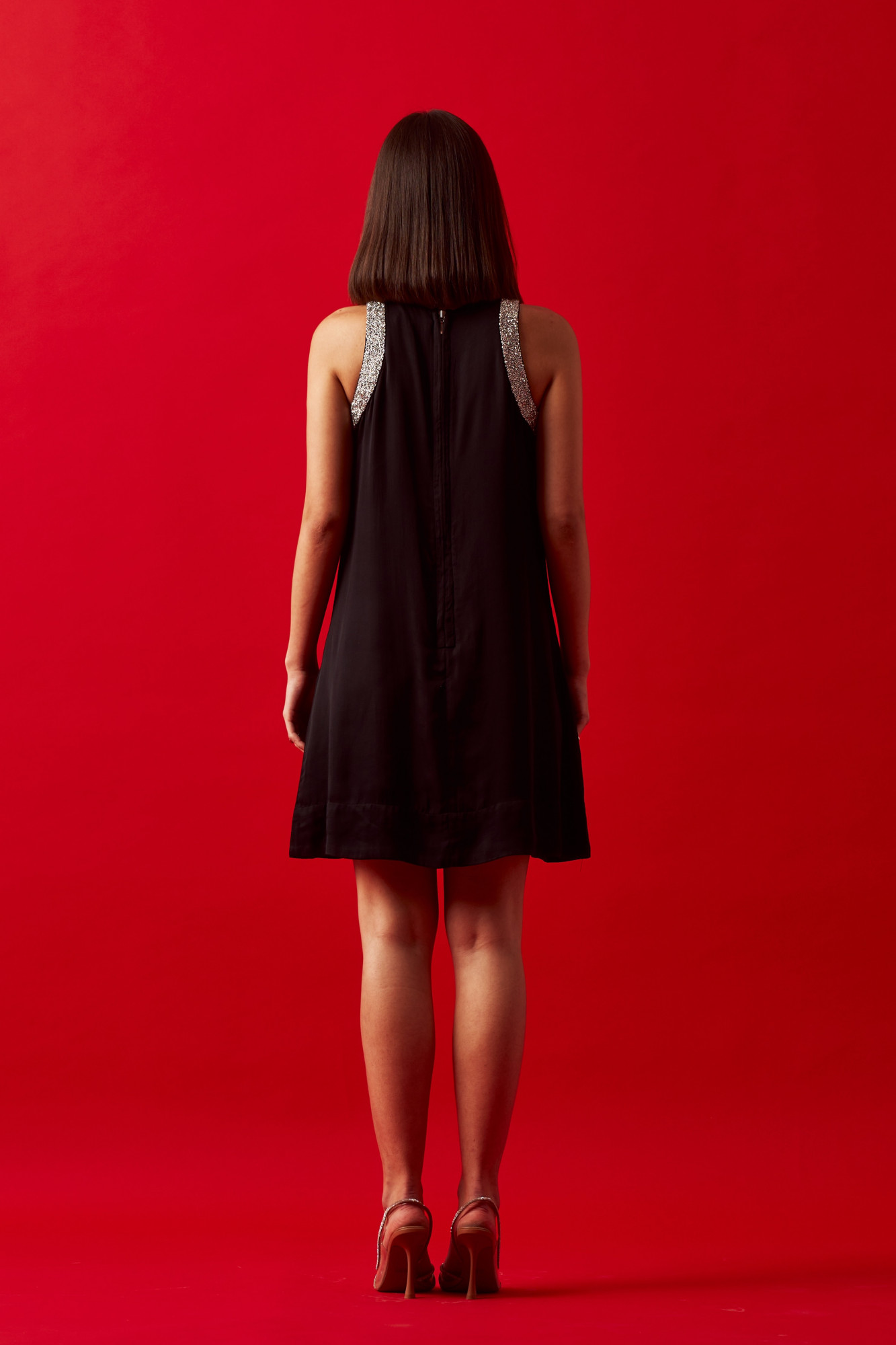 LEILA 02 JEWELLED NECK HAND EMBROIDERED BLACK KNEE LENGTH DRESS