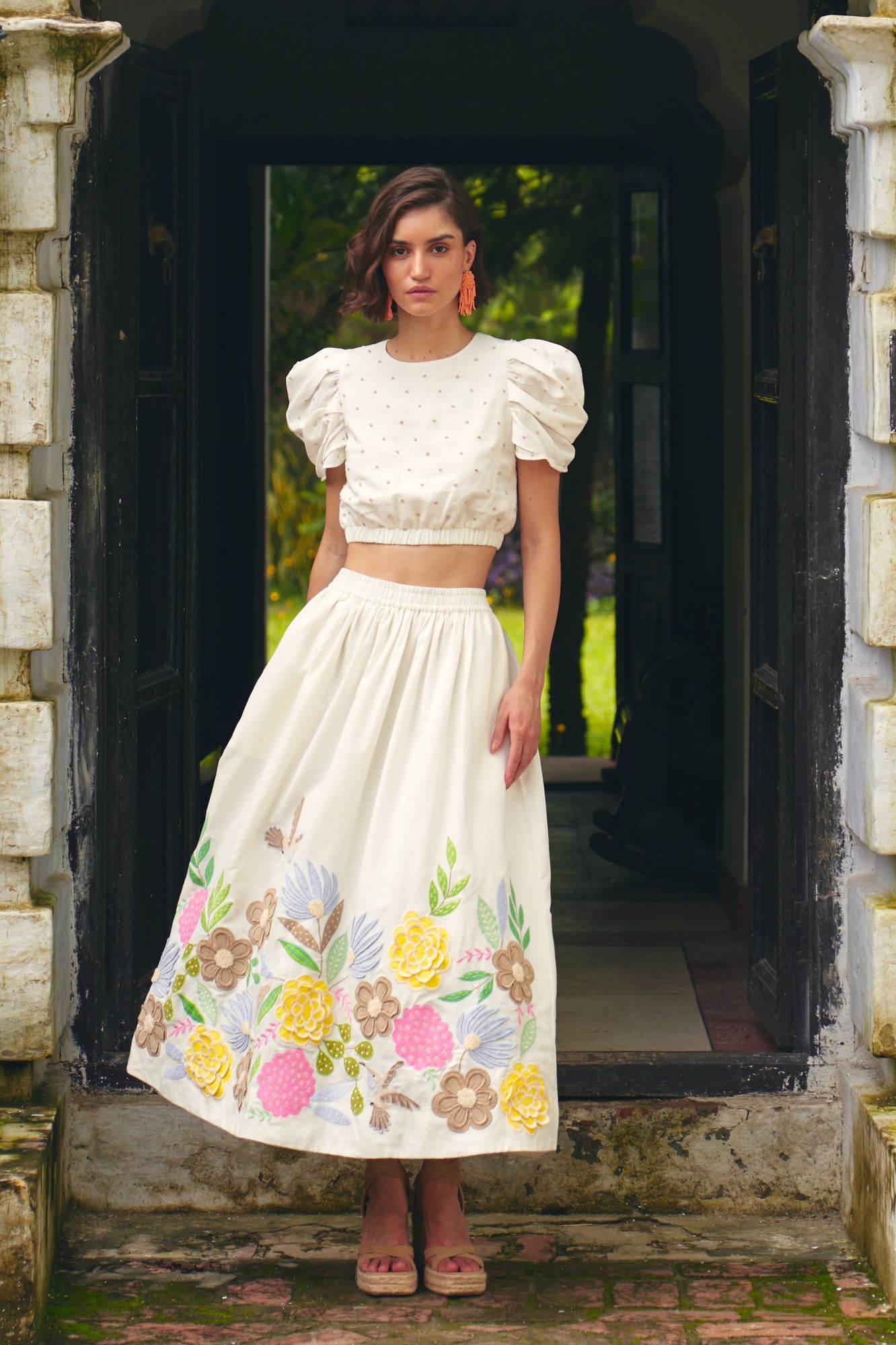 FLORENTINA OFF WHITE CROP TOP AND MIDI LENGTH SKIRT SUMMER CO-ORDINATE WITH MULTI COLOR HAND EMBROIDERY