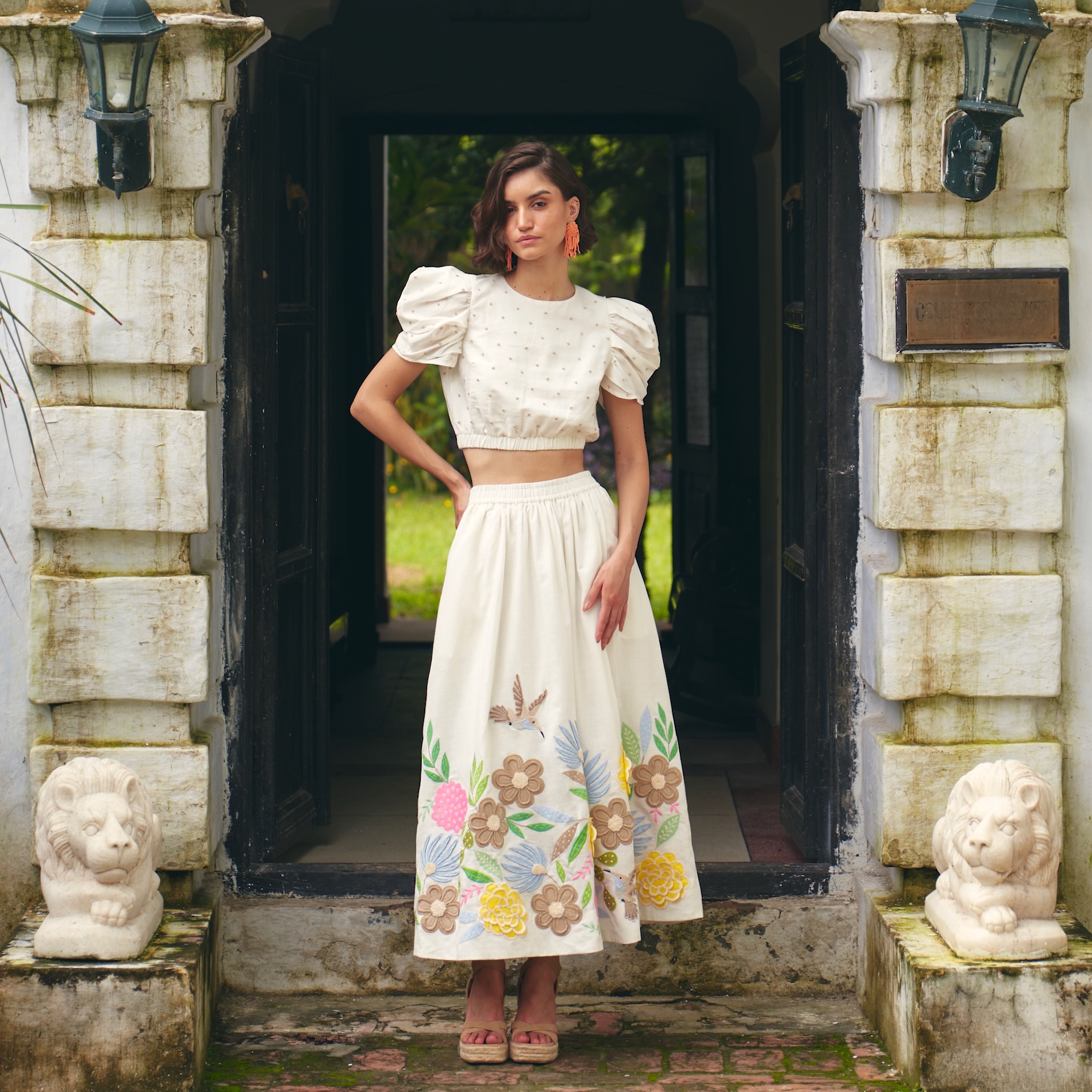 FLORENTINA OFF WHITE CROP TOP AND MIDI LENGTH SKIRT SUMMER CO-ORDINATE WITH MULTI COLOR HAND EMBROIDERY