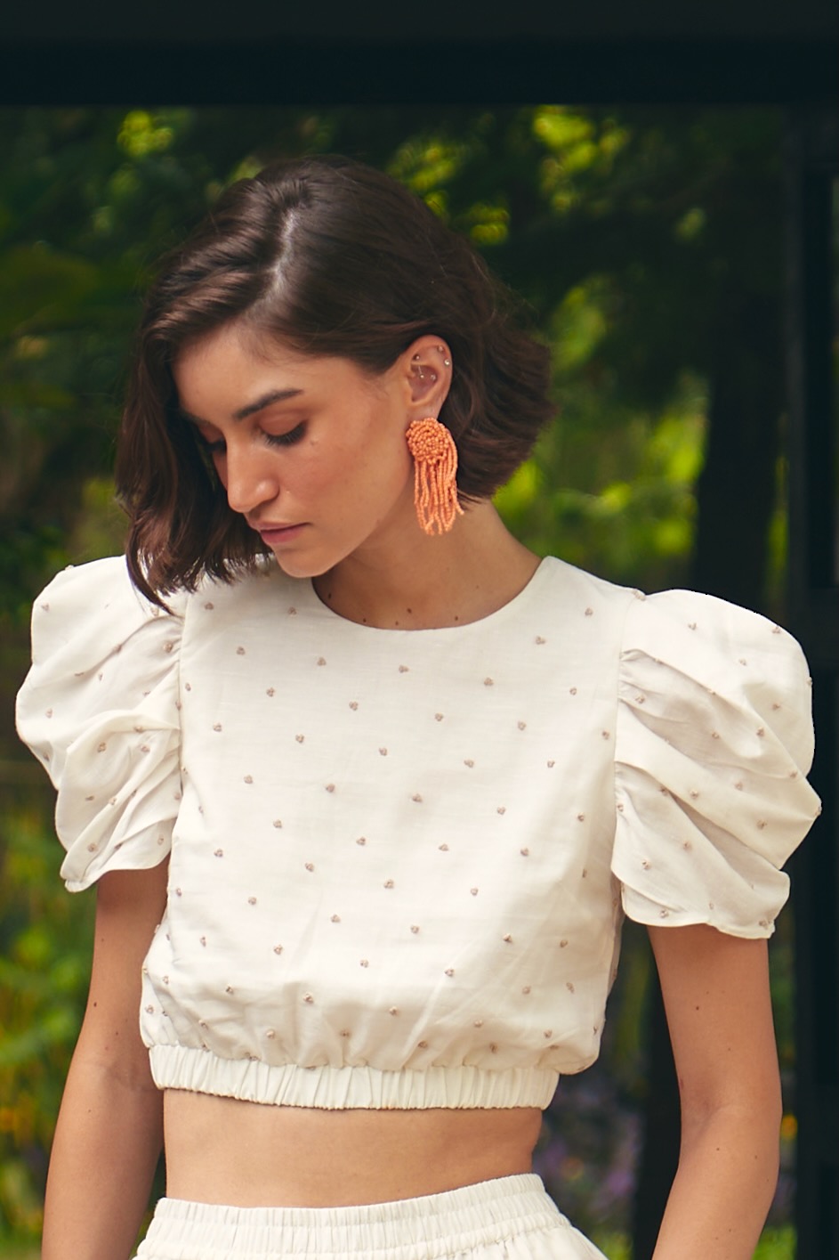 FLORENTINA OFF WHITE LINEN FABRIC CROP LENGTH SUMMER TOP WITH SLEEVES AND HAND KNOT EMBROIDERY ALL OVER