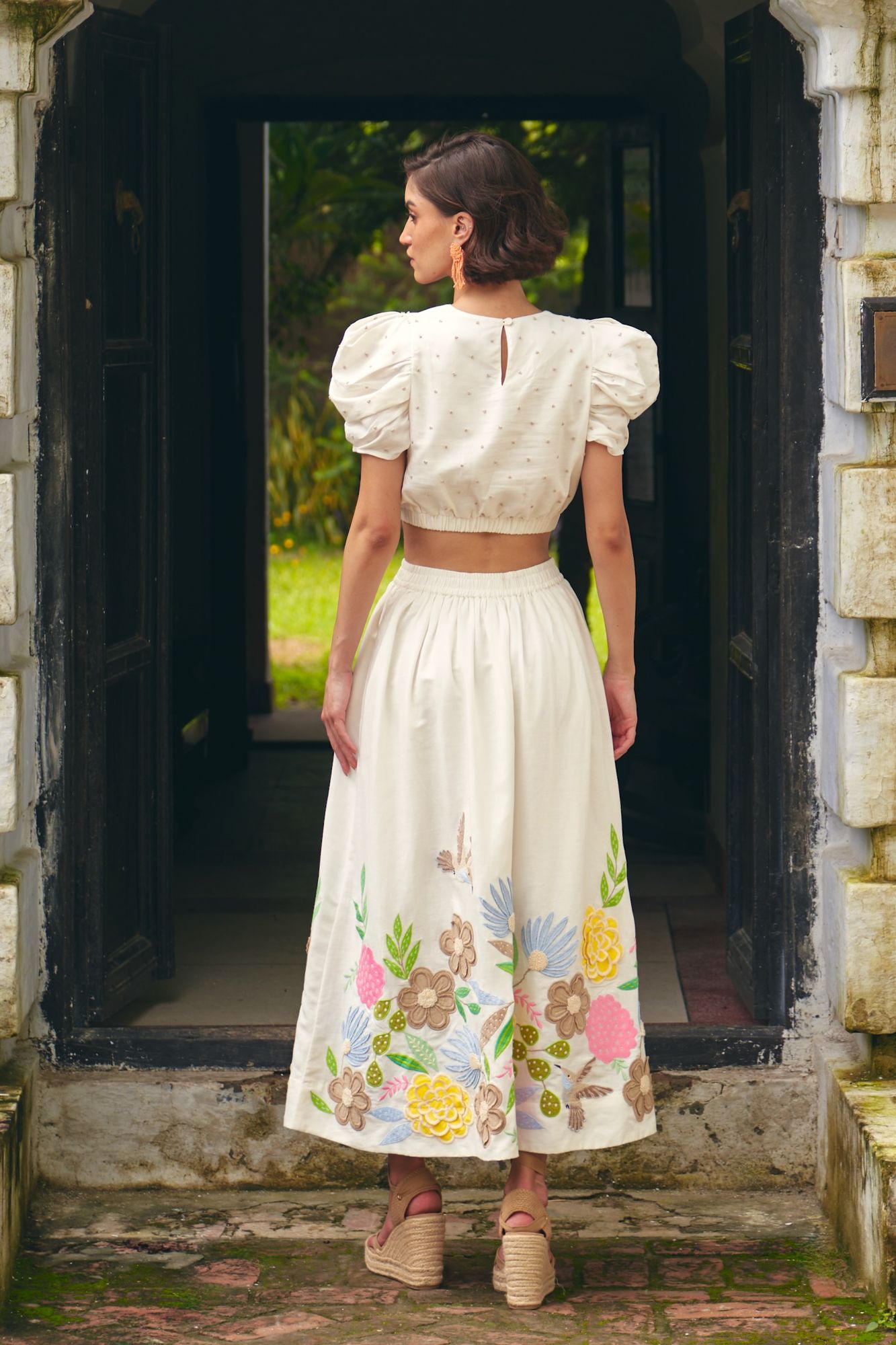 FLORENTINA OFF WHITE CROP TOP AND MIDI LENGTH SKIRT SUMMER CO-ORDINATE WITH MULTI COLOR HAND EMBROIDERY