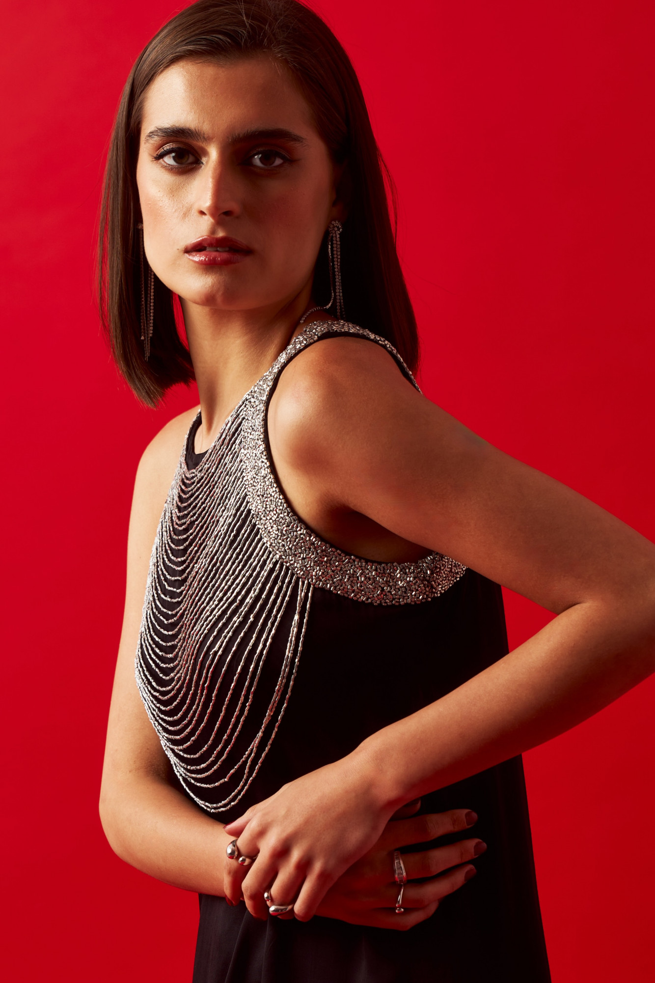 LEILA 02 JEWELLED NECK HAND EMBROIDERED BLACK KNEE LENGTH DRESS