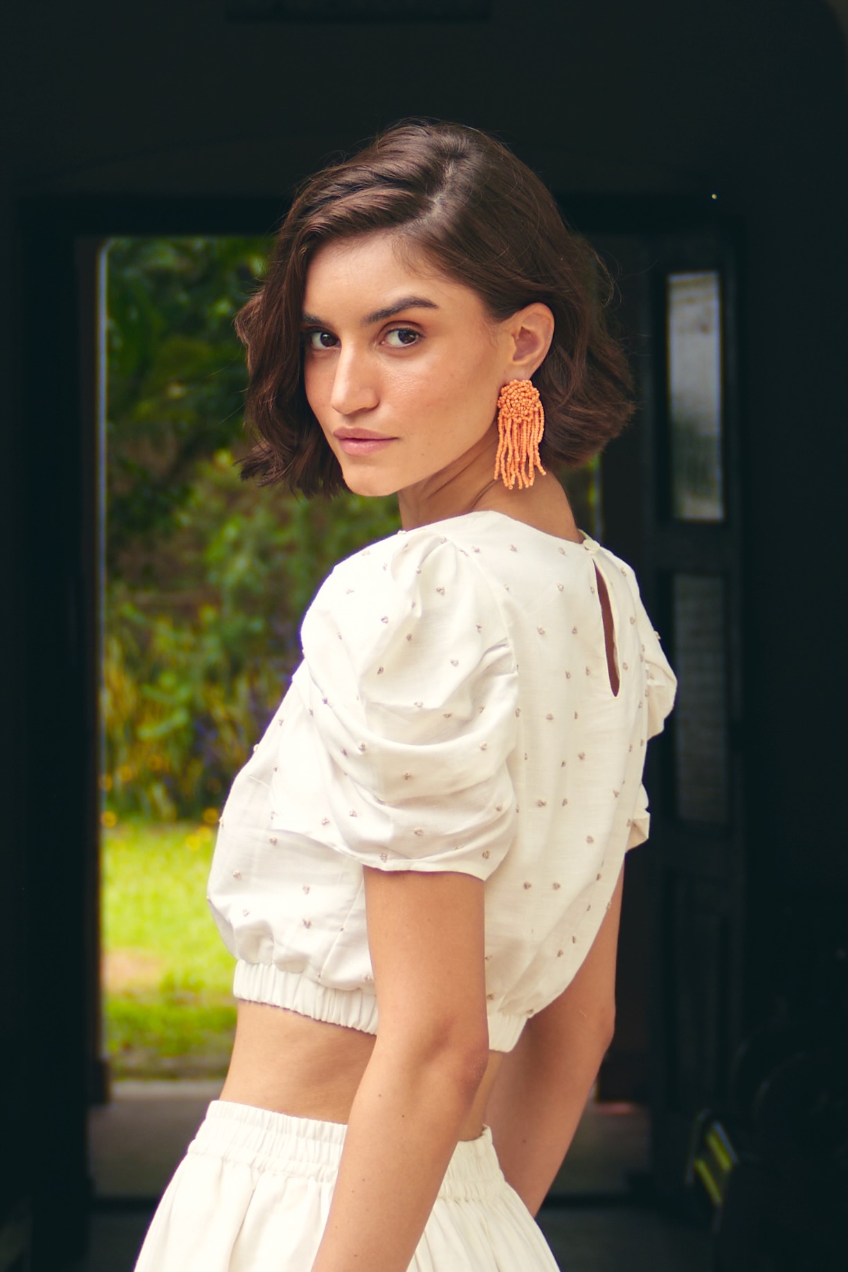 FLORENTINA OFF WHITE LINEN FABRIC CROP LENGTH SUMMER TOP WITH SLEEVES AND HAND KNOT EMBROIDERY ALL OVER