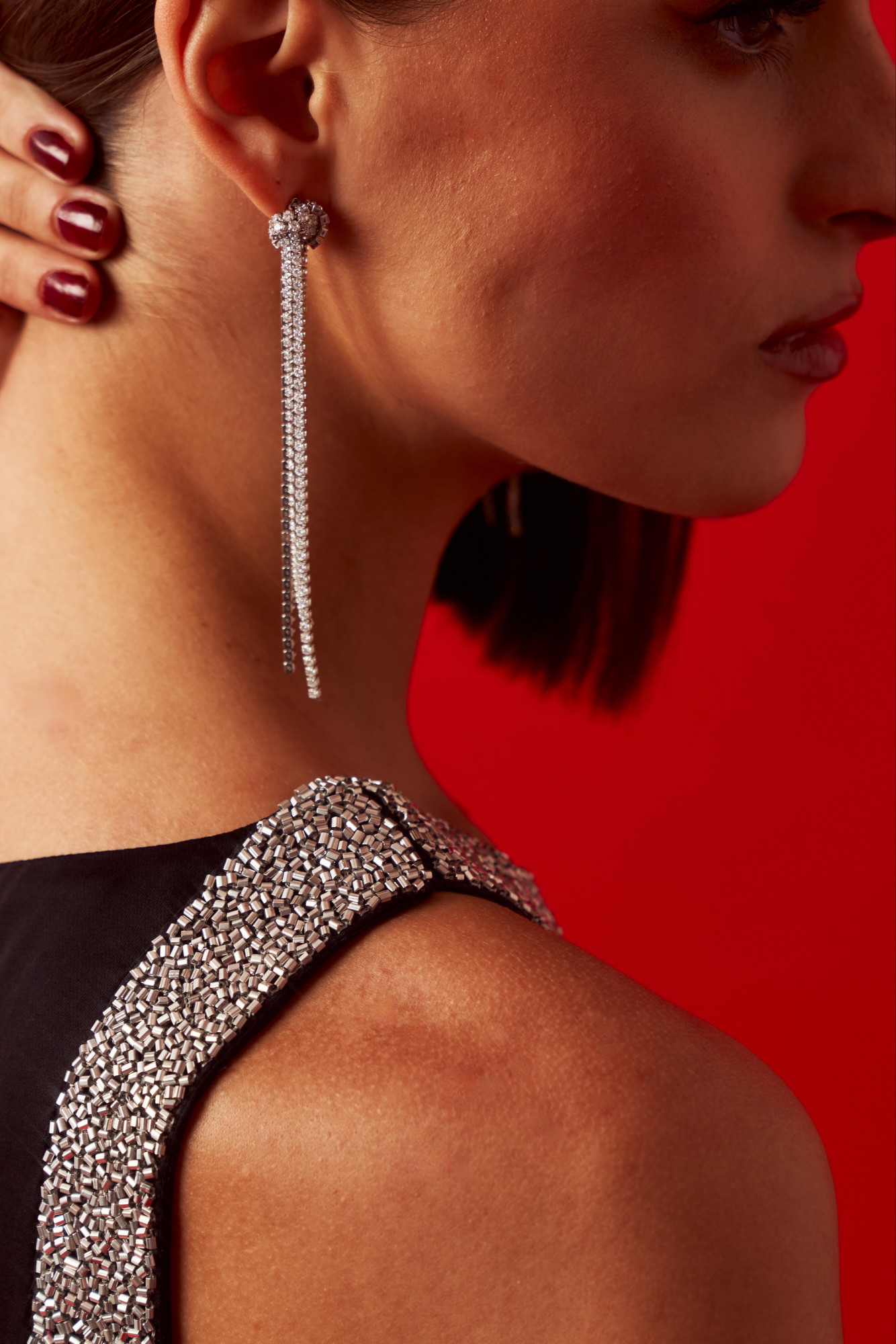 LEILA 02 JEWELLED NECK HAND EMBROIDERED BLACK KNEE LENGTH DRESS