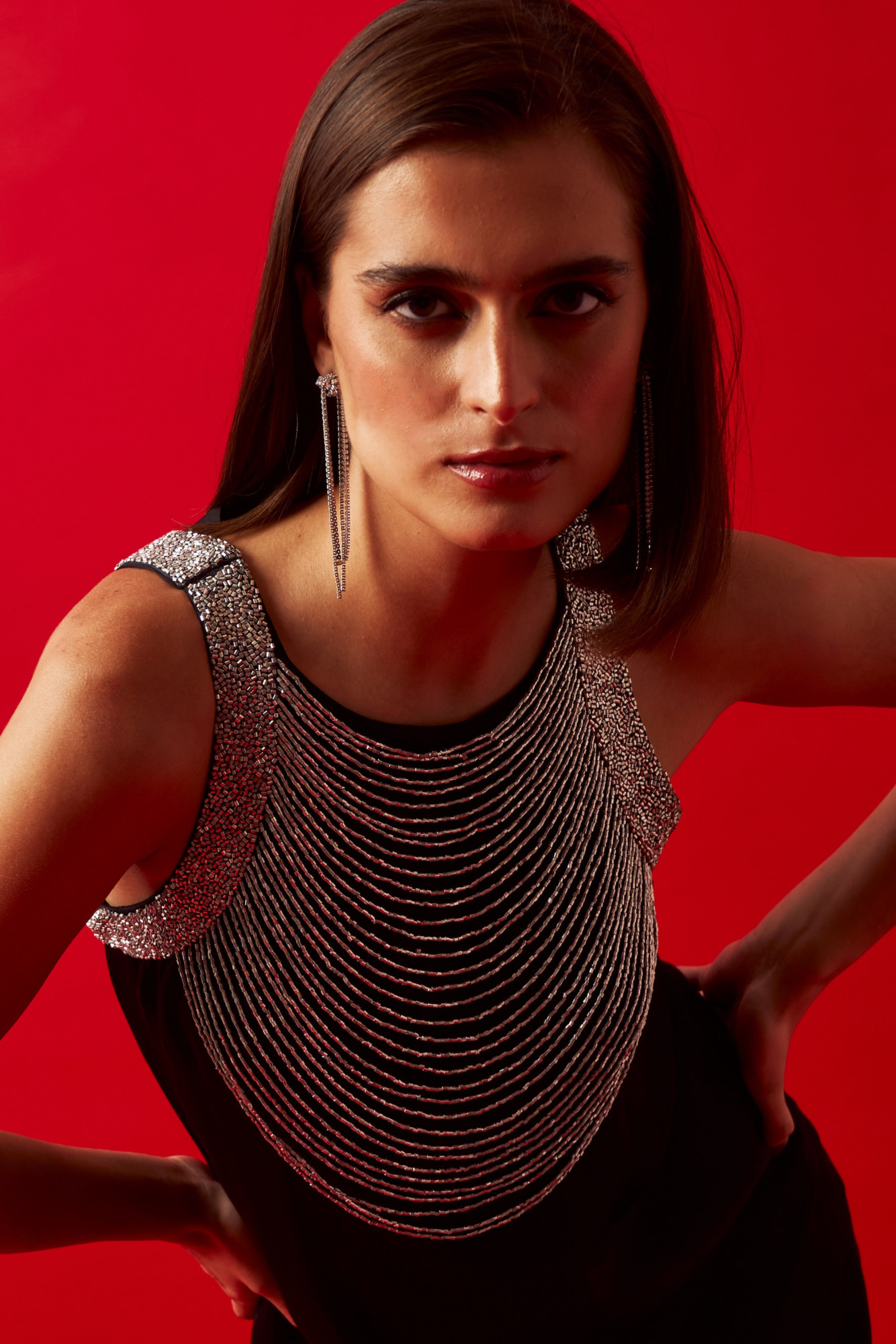 LEILA 02 JEWELLED NECK HAND EMBROIDERED BLACK KNEE LENGTH DRESS