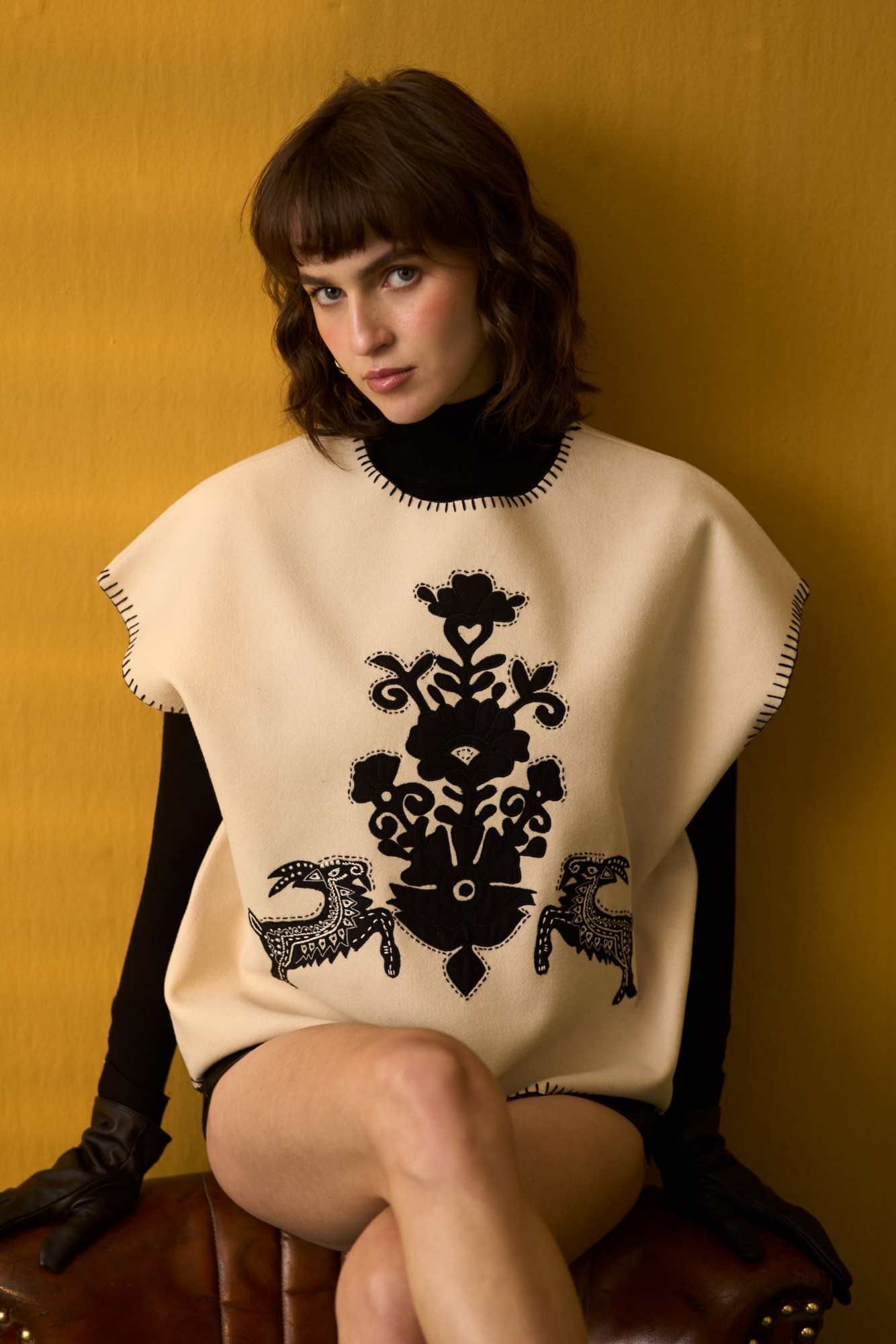 NOMADS CREAM COLOR FELT FLORA FAUNA EMBROIDERED OVERLAY TOP