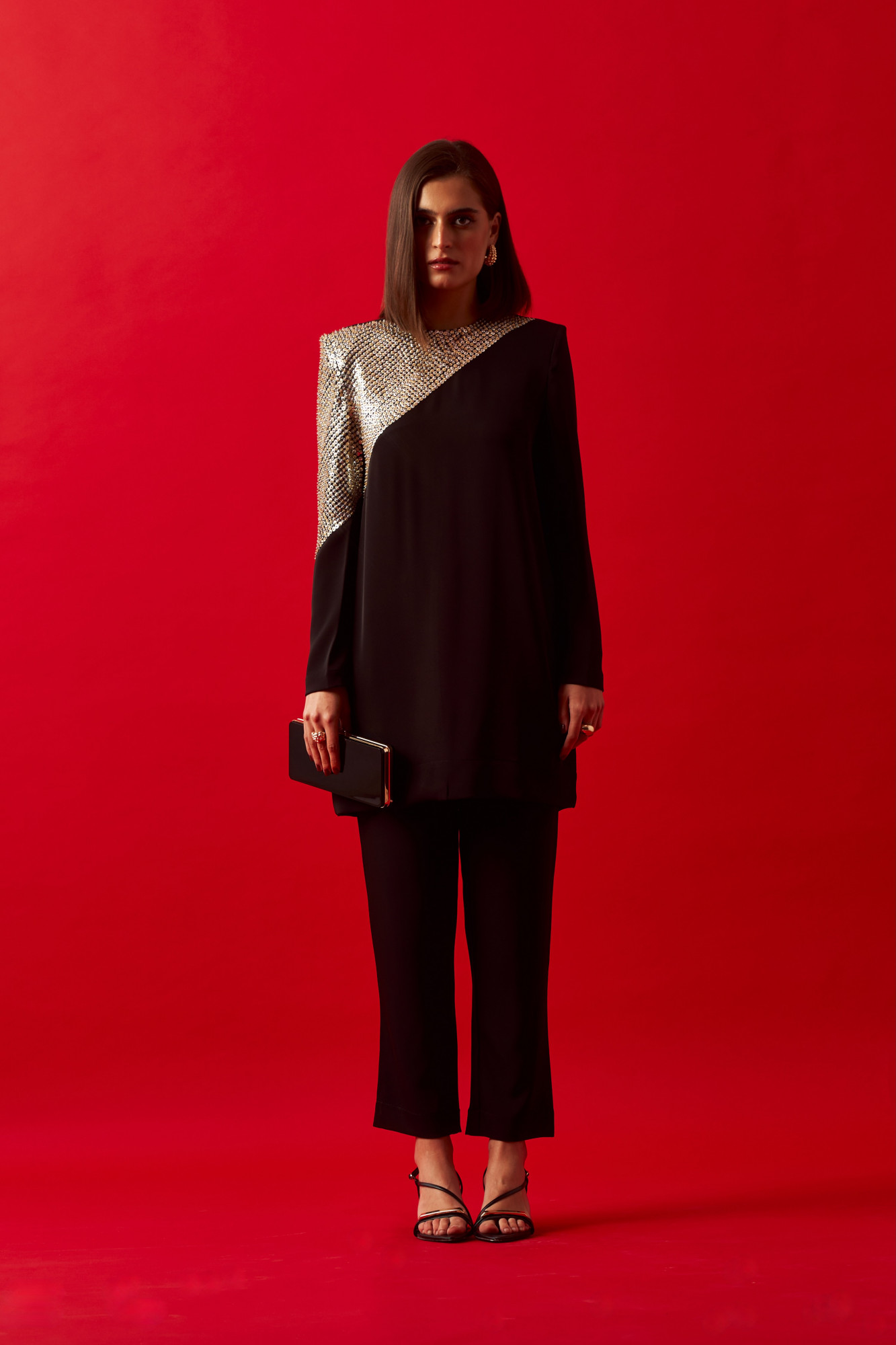 LEILA 02 BLACK TUNIC AND PANT CO-ORD SET WITH SILVER GOLD HAND EMBROIDERY