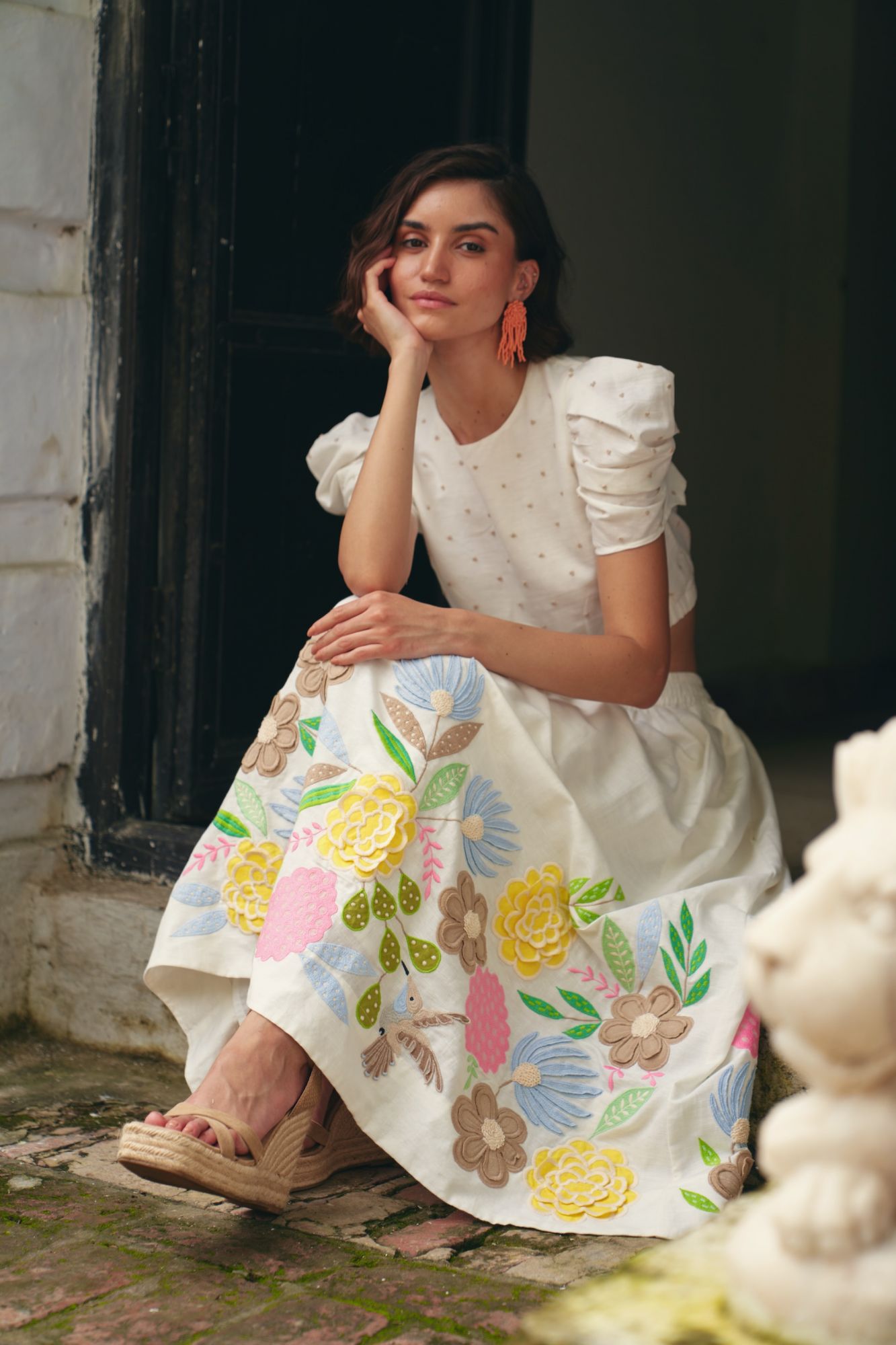 FLORENTINA OFF WHITE CROP TOP AND MIDI LENGTH SKIRT SUMMER CO-ORDINATE WITH MULTI COLOR HAND EMBROIDERY