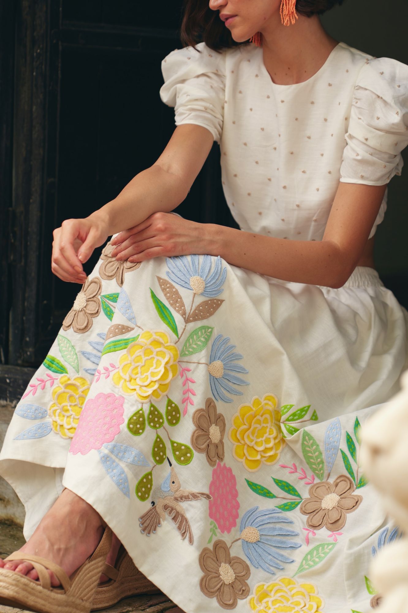 FLORENTINA OFF WHITE CROP TOP AND MIDI LENGTH SKIRT SUMMER CO-ORDINATE WITH MULTI COLOR HAND EMBROIDERY