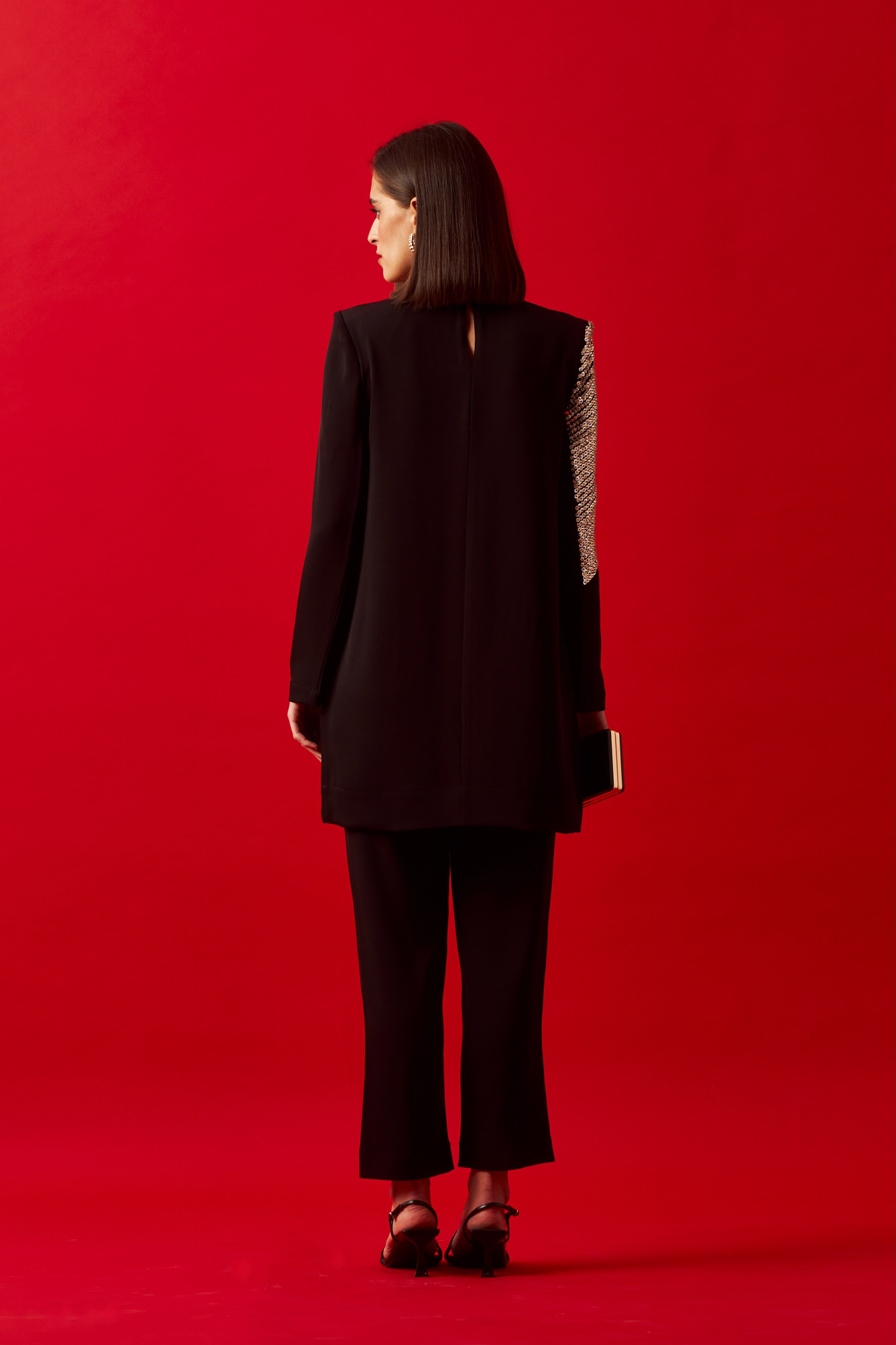 LEILA 02 BLACK TUNIC AND PANT CO-ORD SET WITH SILVER GOLD HAND EMBROIDERY