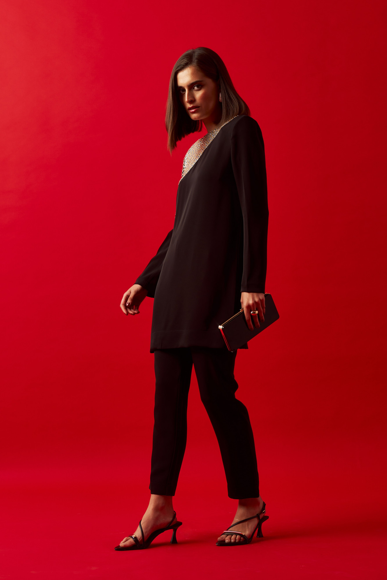 LEILA 02 BLACK TUNIC AND PANT CO-ORD SET WITH SILVER GOLD HAND EMBROIDERY