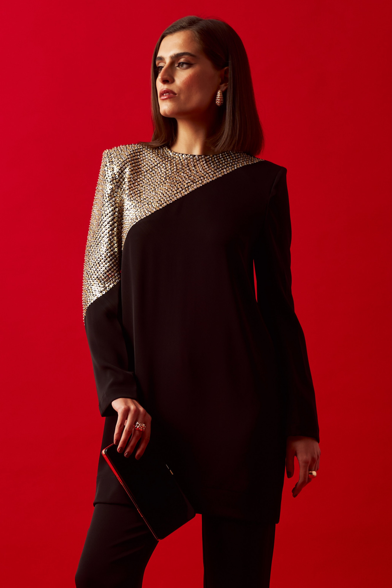 LEILA 02 BLACK TUNIC AND PANT CO-ORD SET WITH SILVER GOLD HAND EMBROIDERY