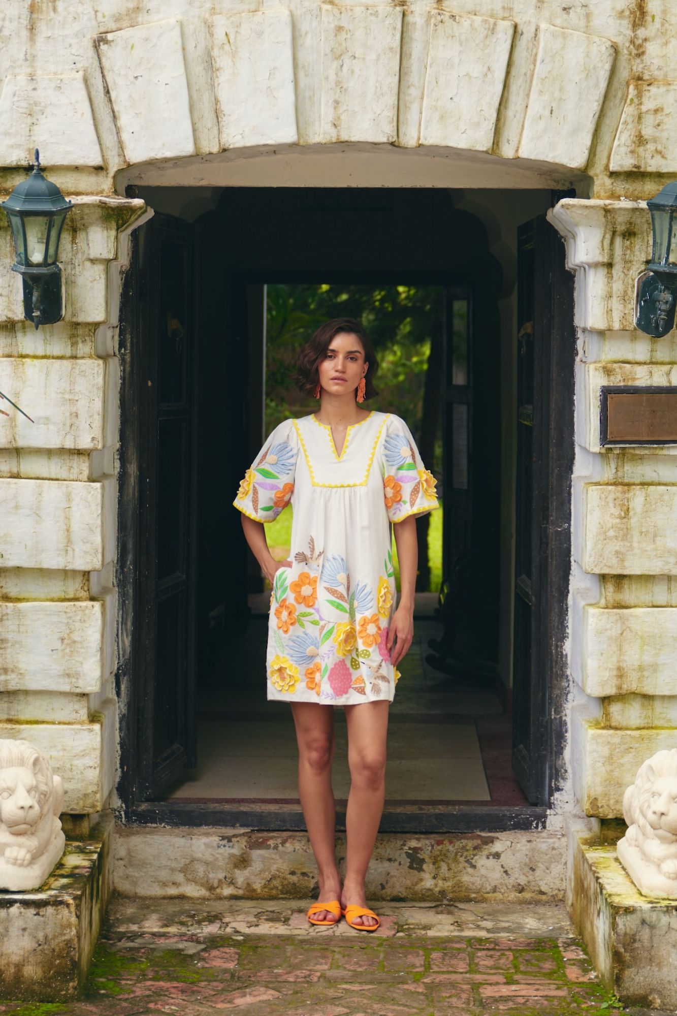 FLORENTINA OFF WHITE LINEN KNEE LENGTH SUMMER DRESS WITH MULTI COLOR FLORAL EMBROIDERY