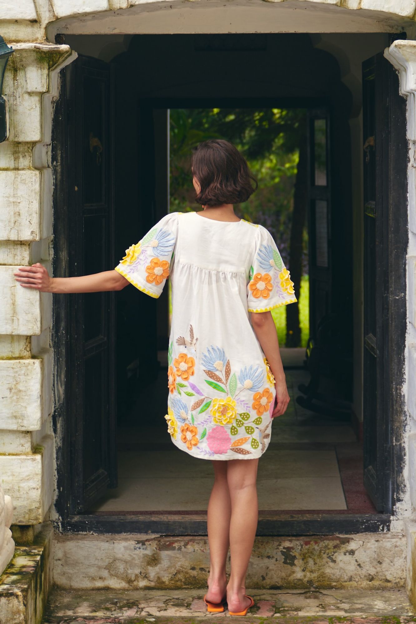 FLORENTINA OFF WHITE LINEN KNEE LENGTH SUMMER DRESS WITH MULTI COLOR FLORAL EMBROIDERY