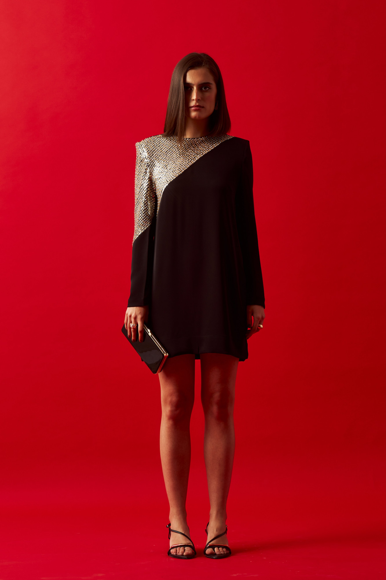 LEILA 02 BLACK DRESS WITH SILVER AND GOLD SEQUIN HAND EMBROIDERY