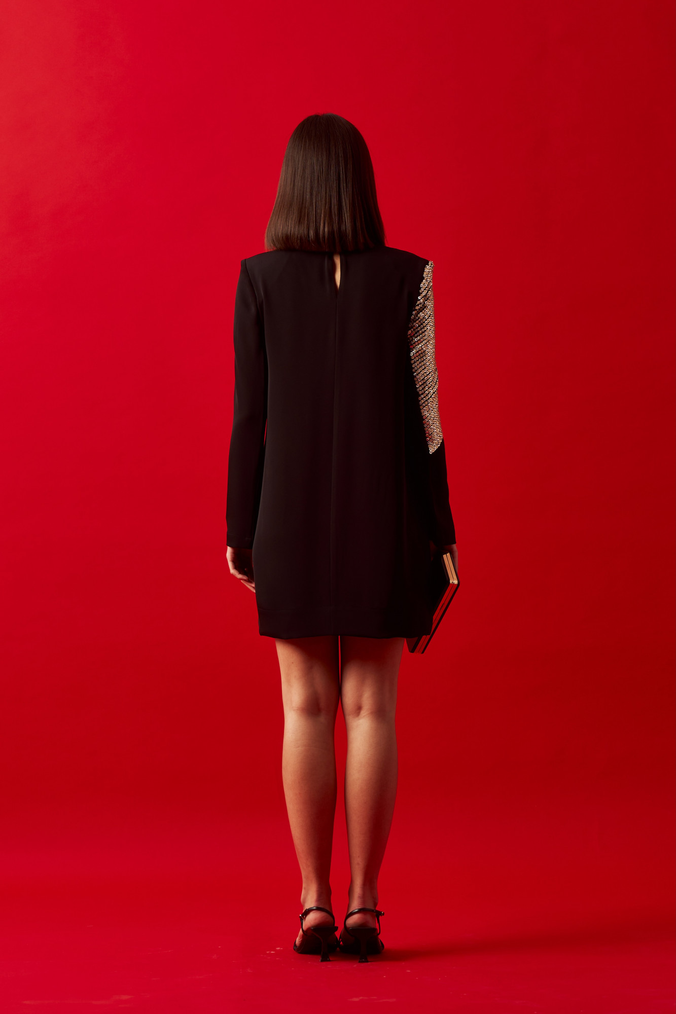 LEILA 02 BLACK DRESS WITH SILVER AND GOLD SEQUIN HAND EMBROIDERY