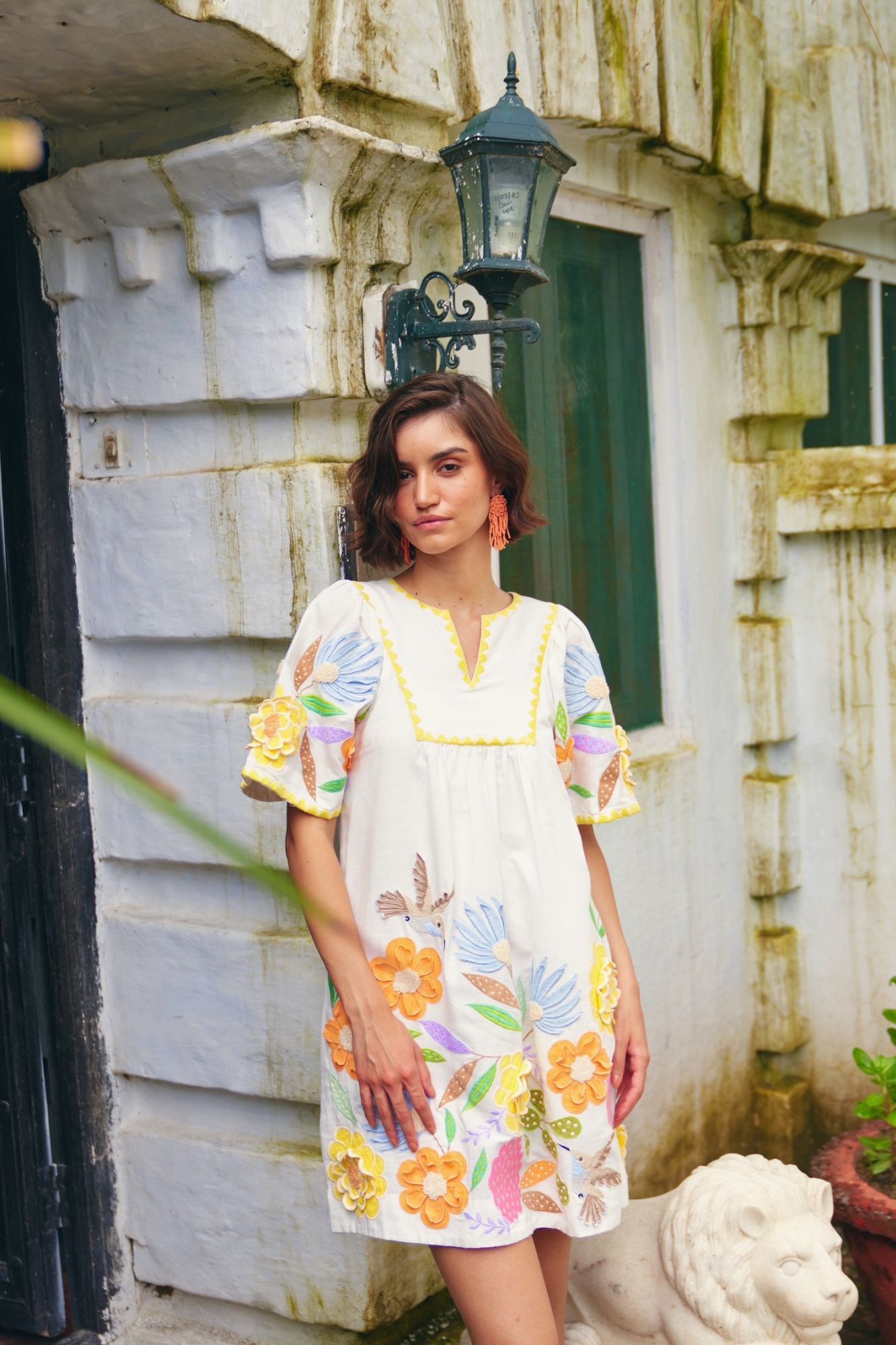 FLORENTINA OFF WHITE LINEN KNEE LENGTH SUMMER DRESS WITH MULTI COLOR FLORAL EMBROIDERY