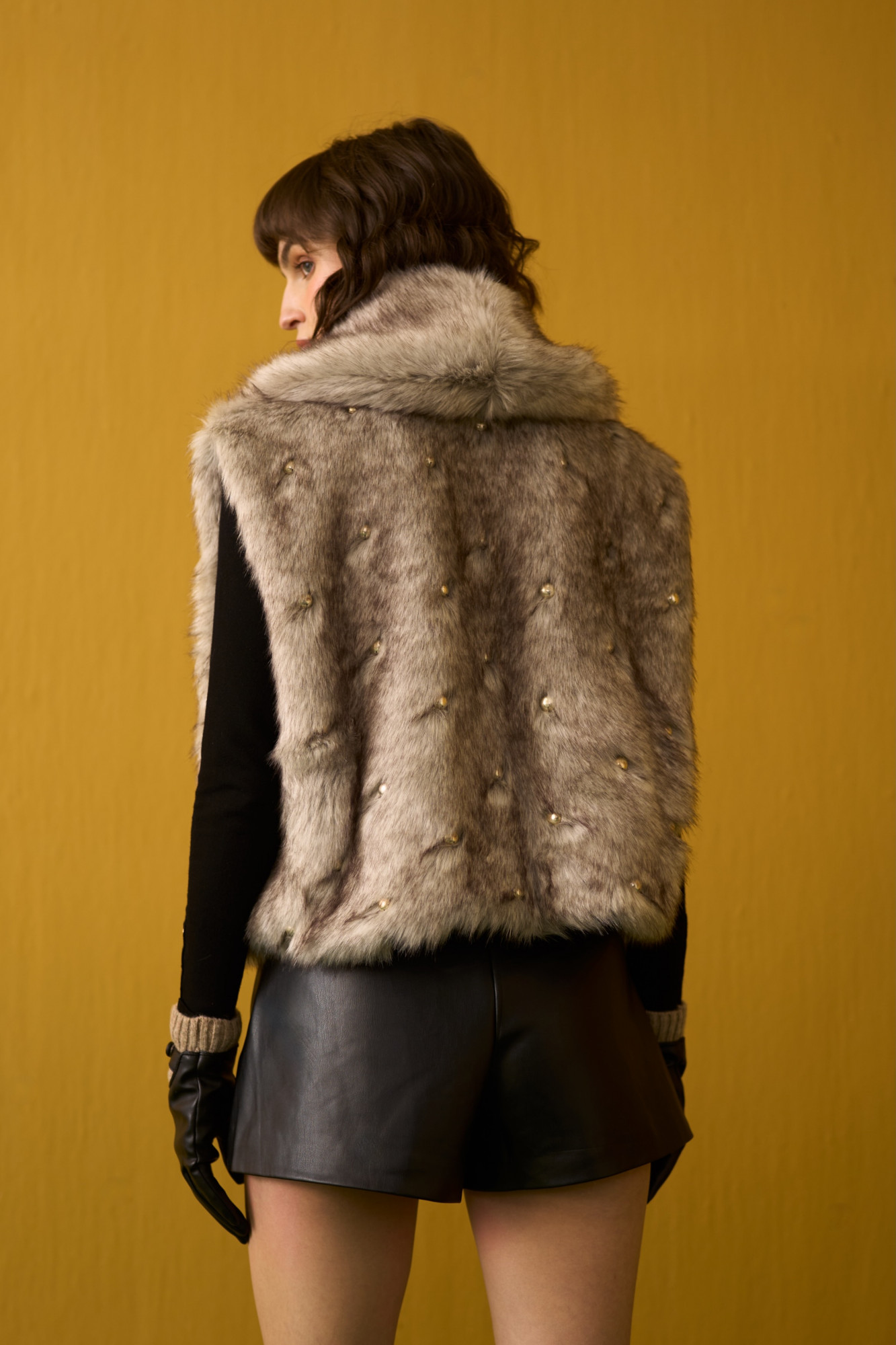 NOMADS DIRTY GREY FAUX FUR SLEEVELESS JACKET WITH SCATTERED METAL DOMES