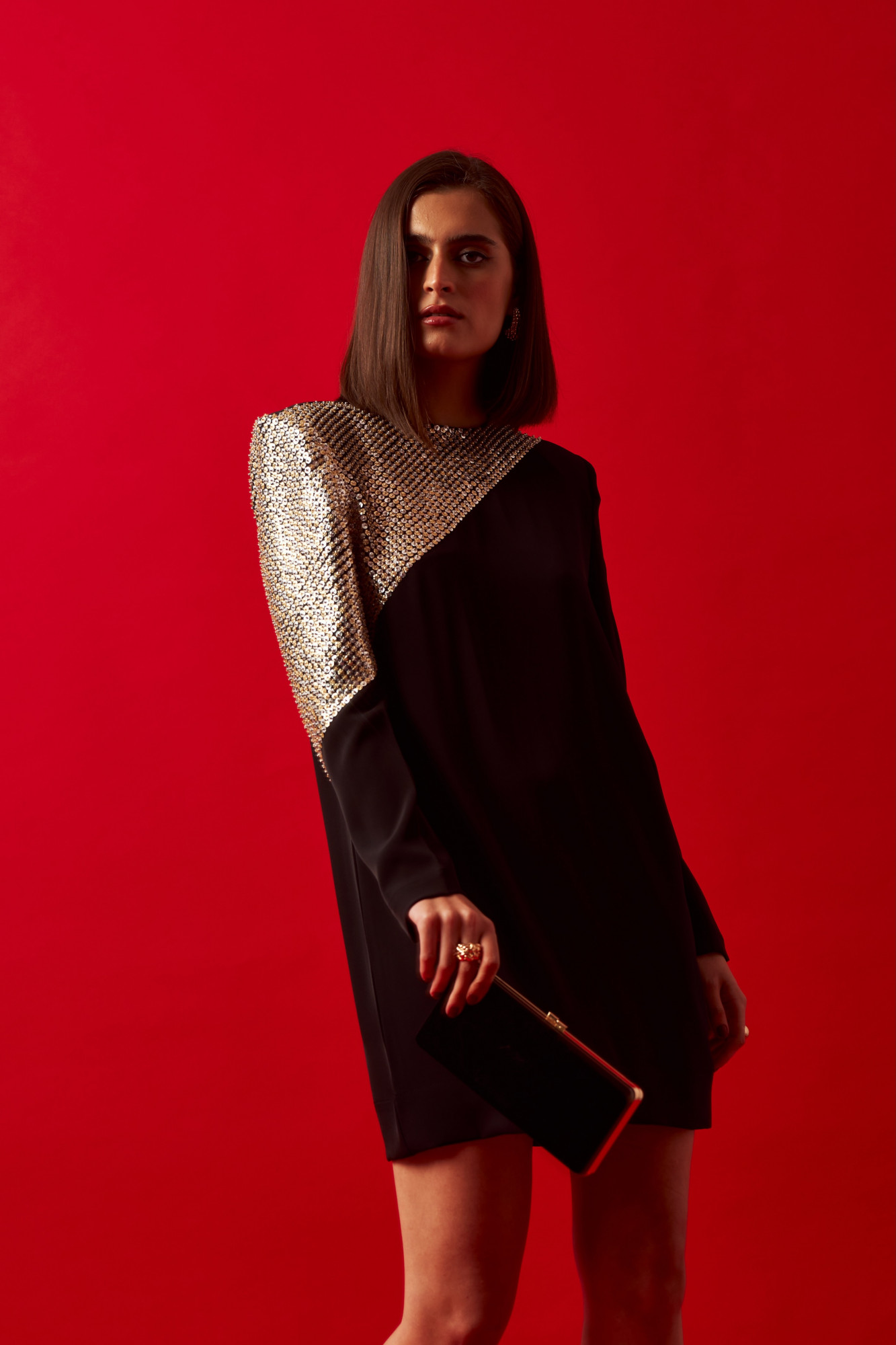 LEILA 02 BLACK DRESS WITH SILVER AND GOLD SEQUIN HAND EMBROIDERY