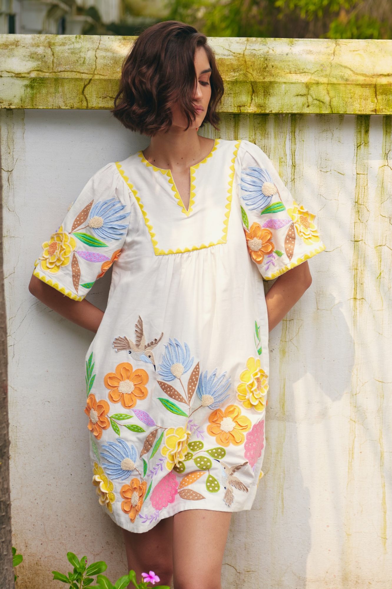 FLORENTINA OFF WHITE LINEN KNEE LENGTH SUMMER DRESS WITH MULTI COLOR FLORAL EMBROIDERY
