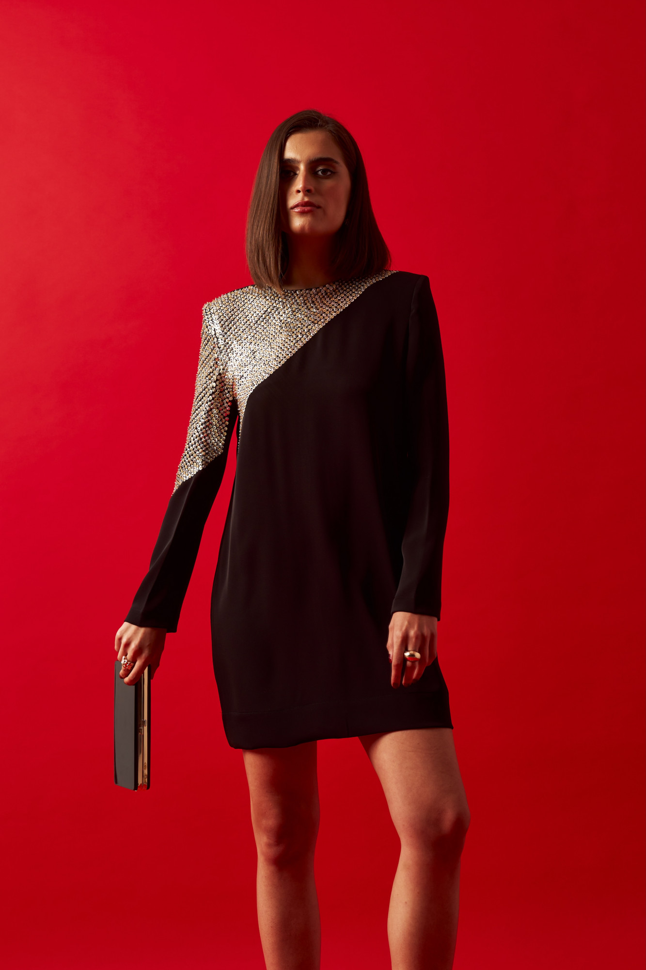 LEILA 02 BLACK DRESS WITH SILVER AND GOLD SEQUIN HAND EMBROIDERY