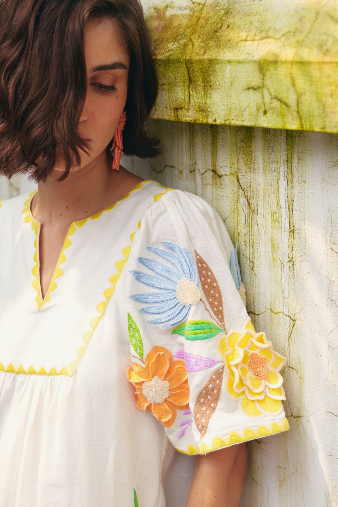 FLORENTINA OFF WHITE LINEN KNEE LENGTH SUMMER DRESS WITH MULTI COLOR FLORAL EMBROIDERY