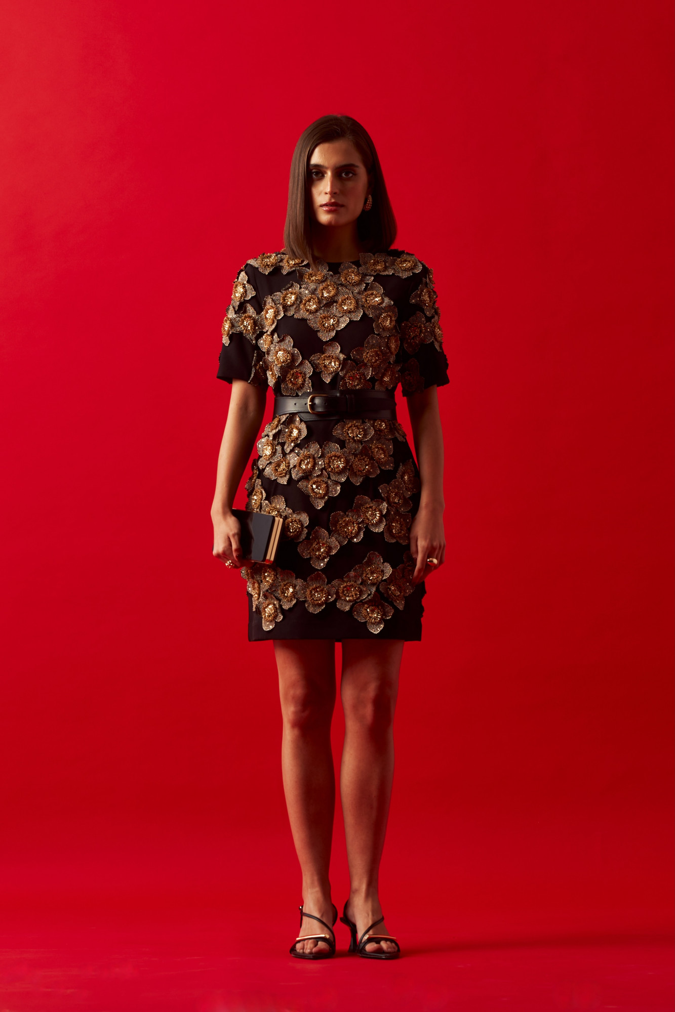 LEILA 02 BLACK HAND CRAFTED FLOWER DRESS WITH LEATHER BELT