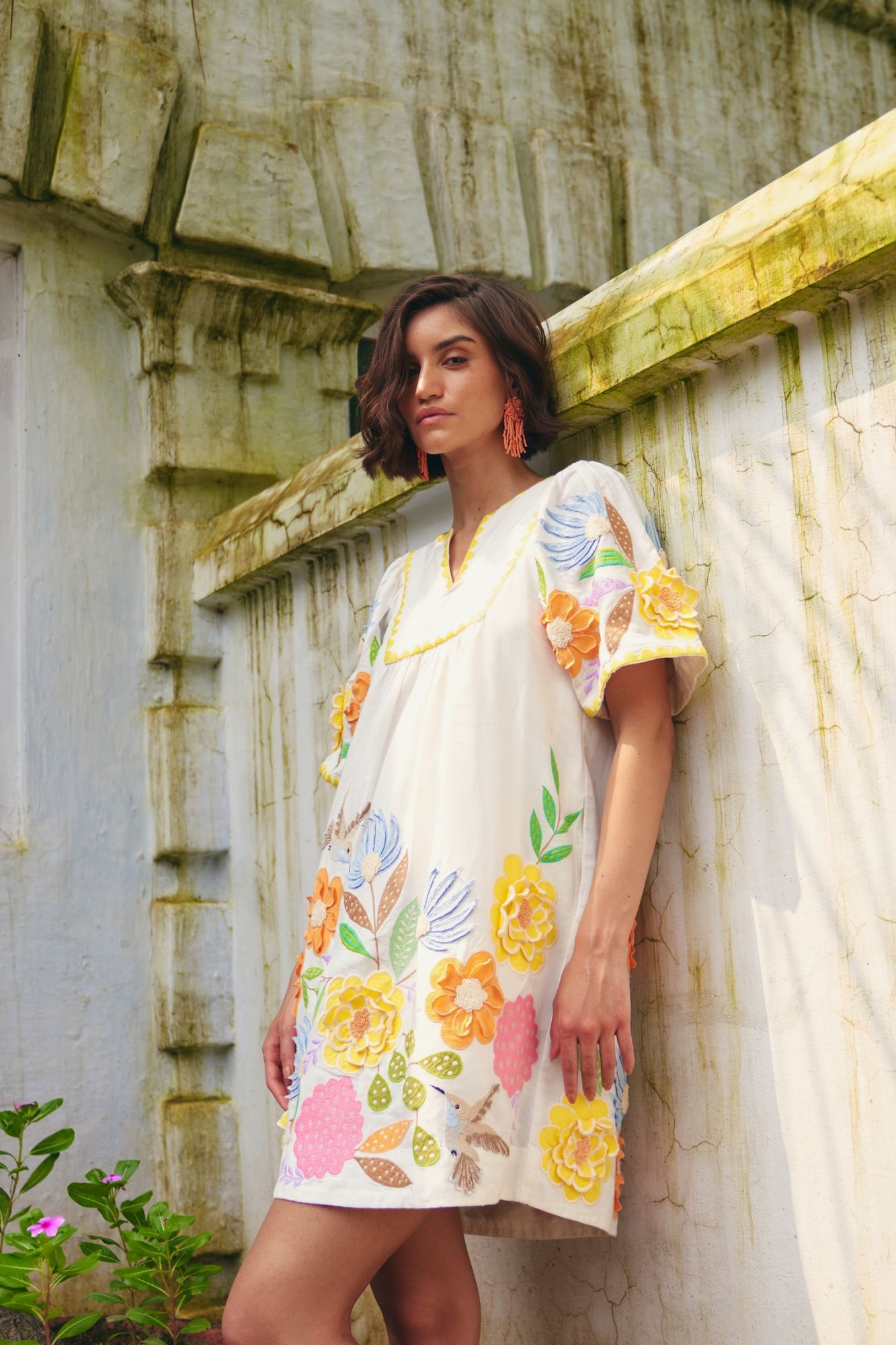 FLORENTINA OFF WHITE LINEN KNEE LENGTH SUMMER DRESS WITH MULTI COLOR FLORAL EMBROIDERY