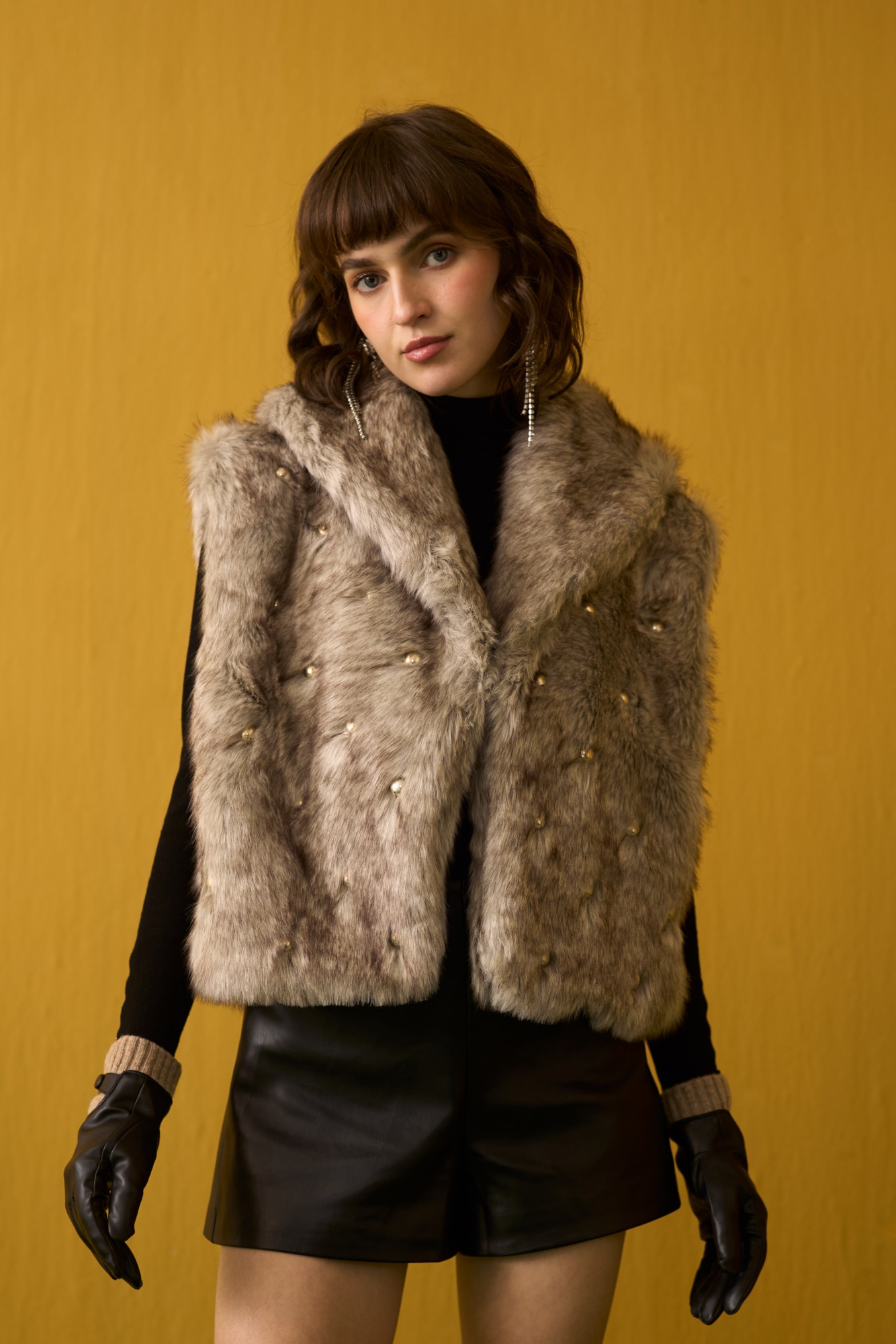 NOMADS DIRTY GREY FAUX FUR SLEEVELESS JACKET WITH SCATTERED METAL DOMES