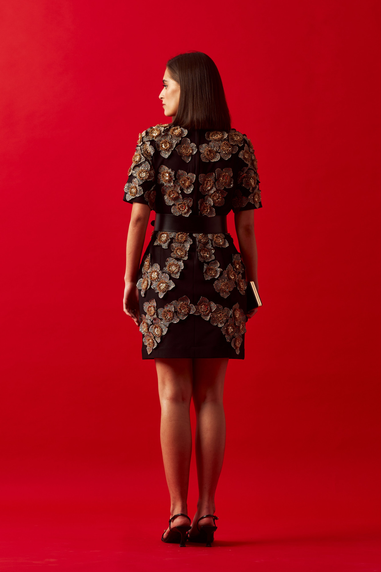LEILA 02 BLACK HAND CRAFTED FLOWER DRESS WITH LEATHER BELT