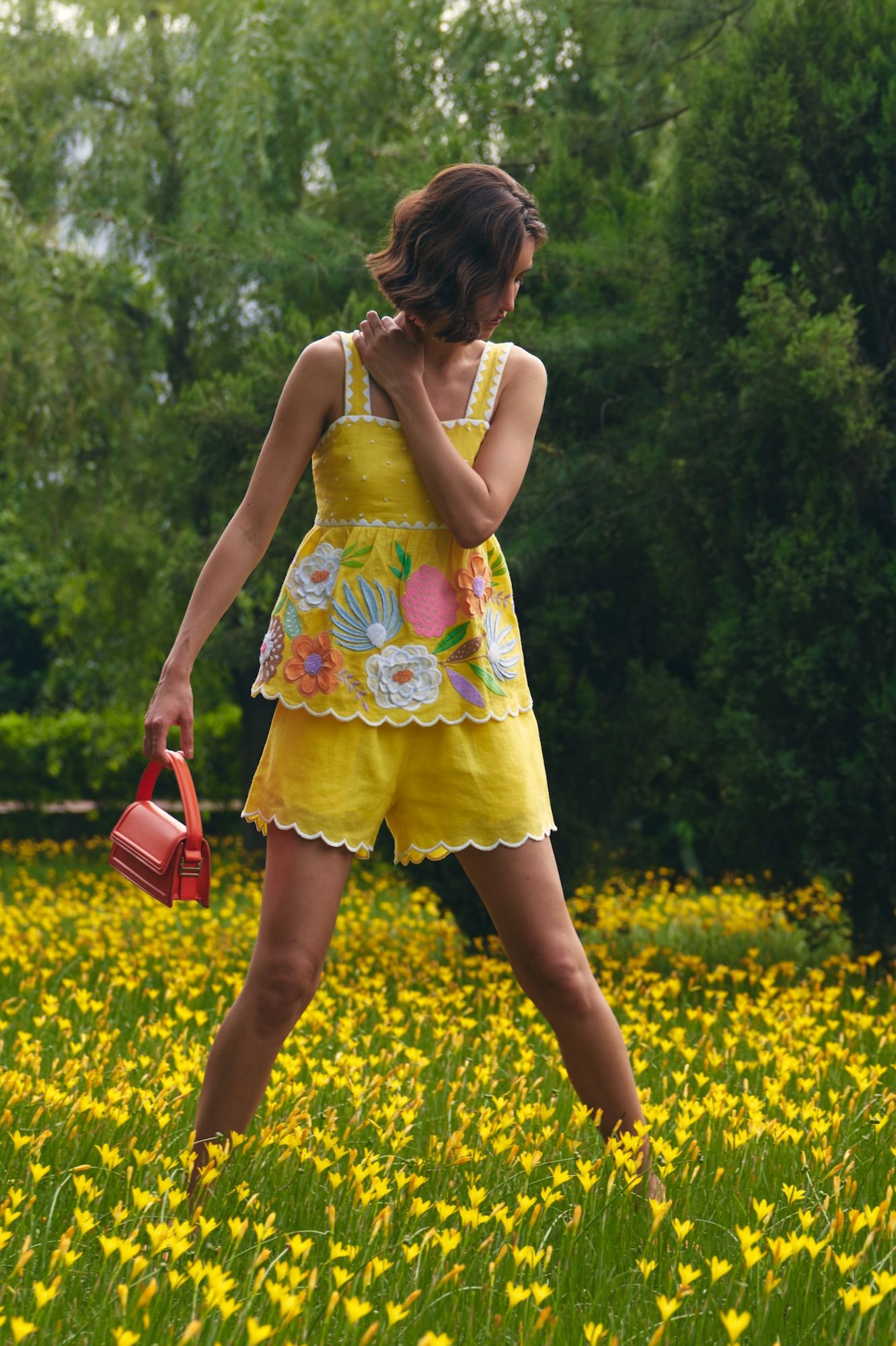 FLORENTINA YELLOW PURE LINEN SLEEVELESS MULTI COLOR EMBROIDERY TOP AND SHORTS SUMMER CO-ORDINATE