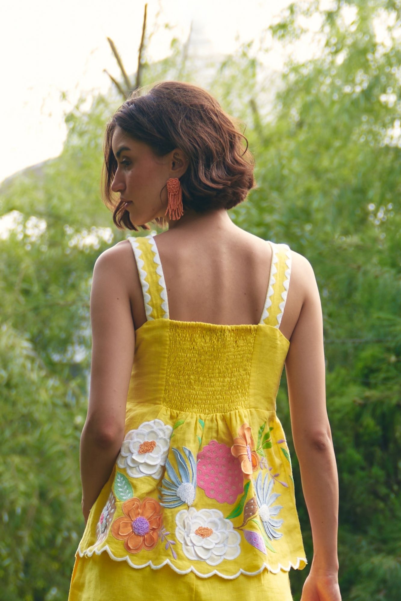 FLORENTINA YELLOW PURE LINEN FABRIC PEPLUM SUMMER TOP WITH MULTI COLOR FLORAL HAND EMBROIDERY