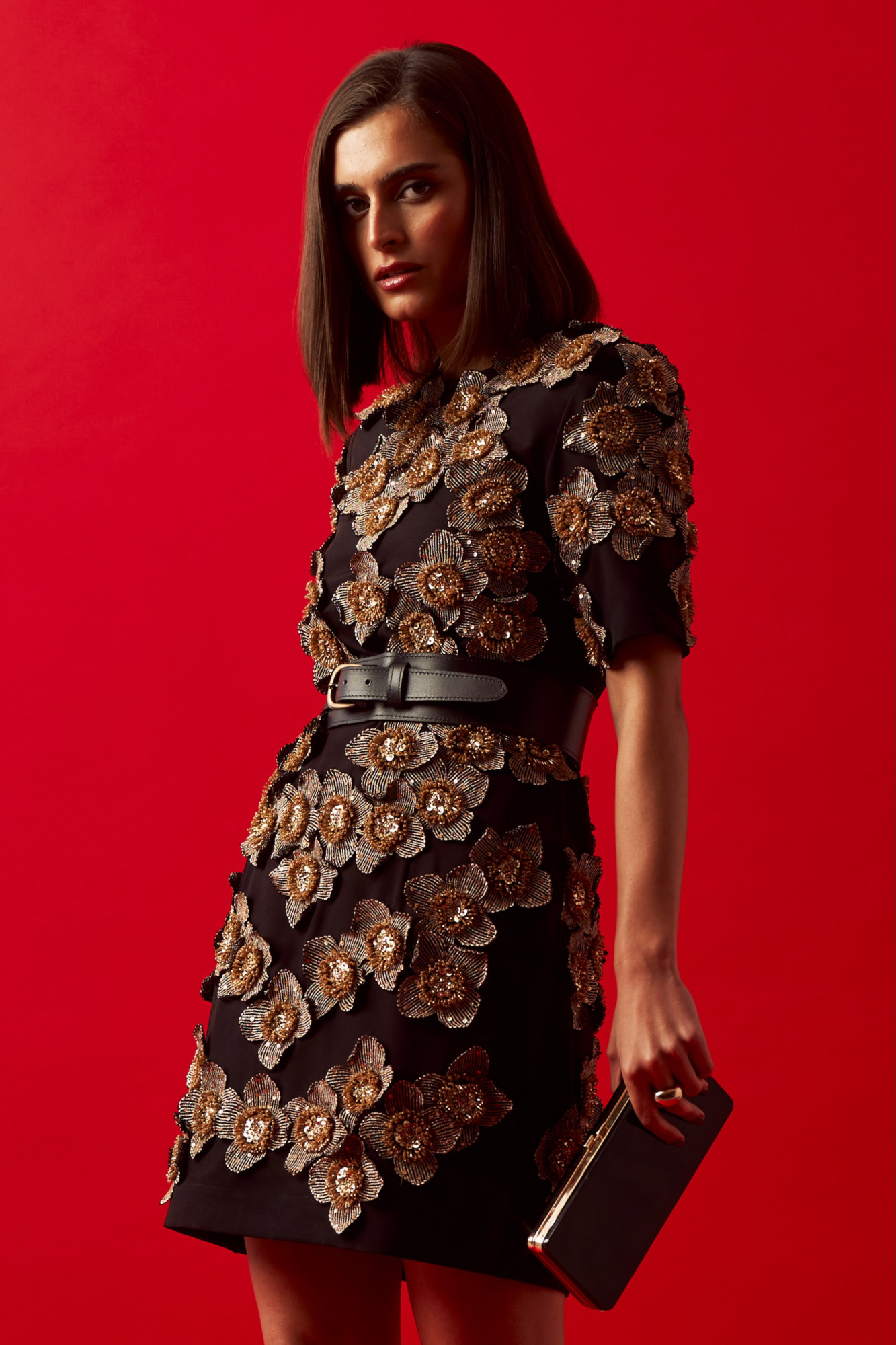 LEILA 02 BLACK HAND CRAFTED FLOWER DRESS WITH LEATHER BELT