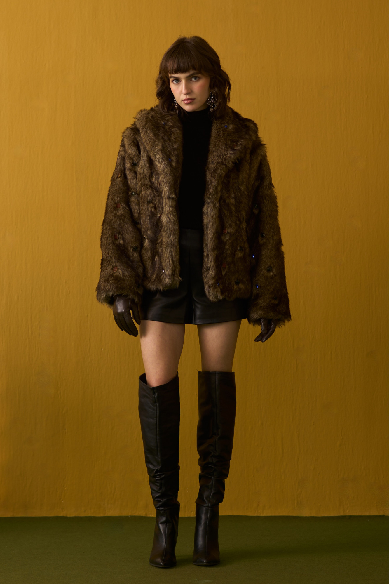NOMADS BROWN FAUX FUR JACKET WITH RHYTHMIC GEMSTONES EMBELLISHMENTS