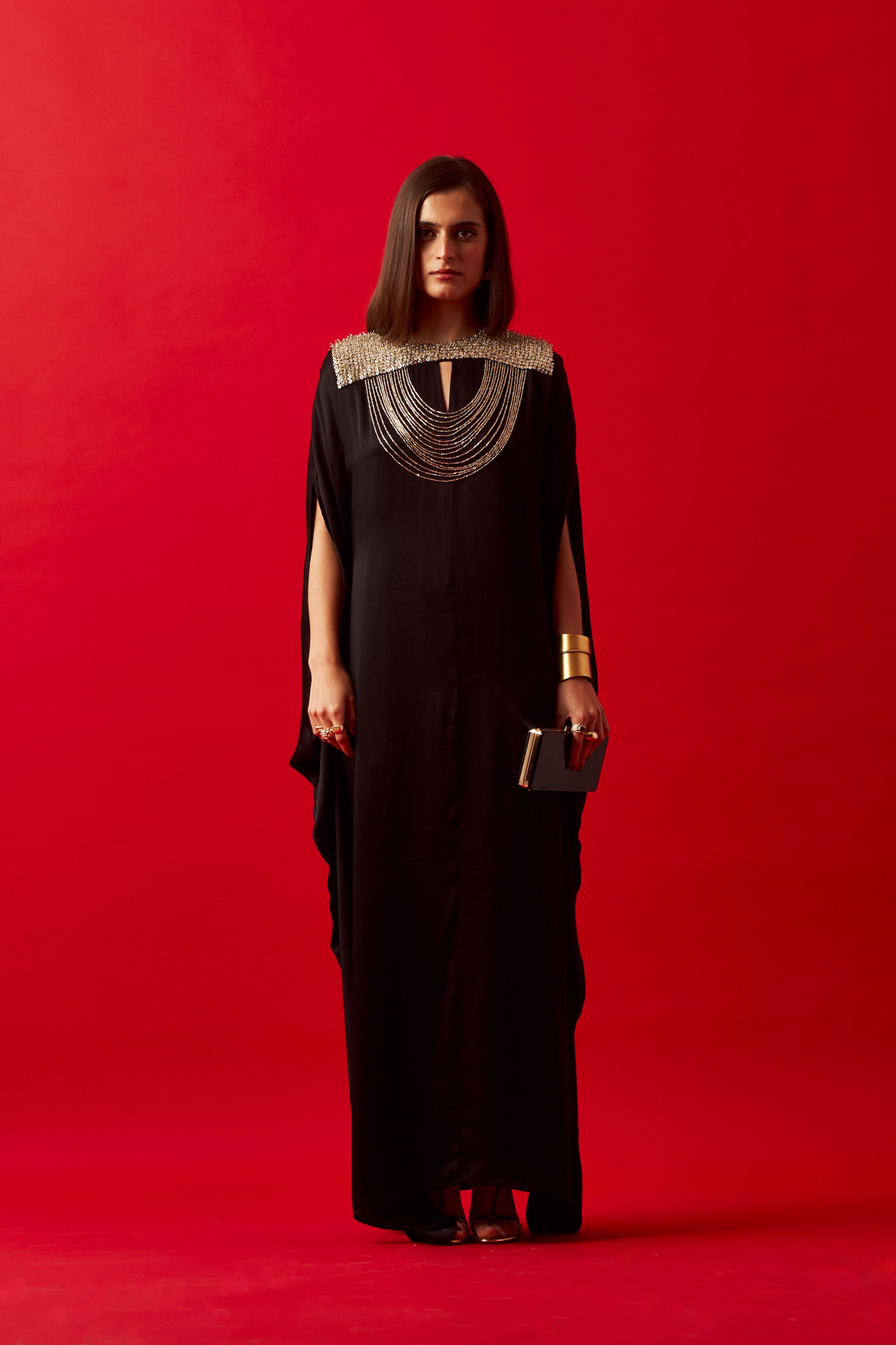 LEILA 02 BLACK COLOR HAND CRAFTED JEWELLED NECK KAFTAN