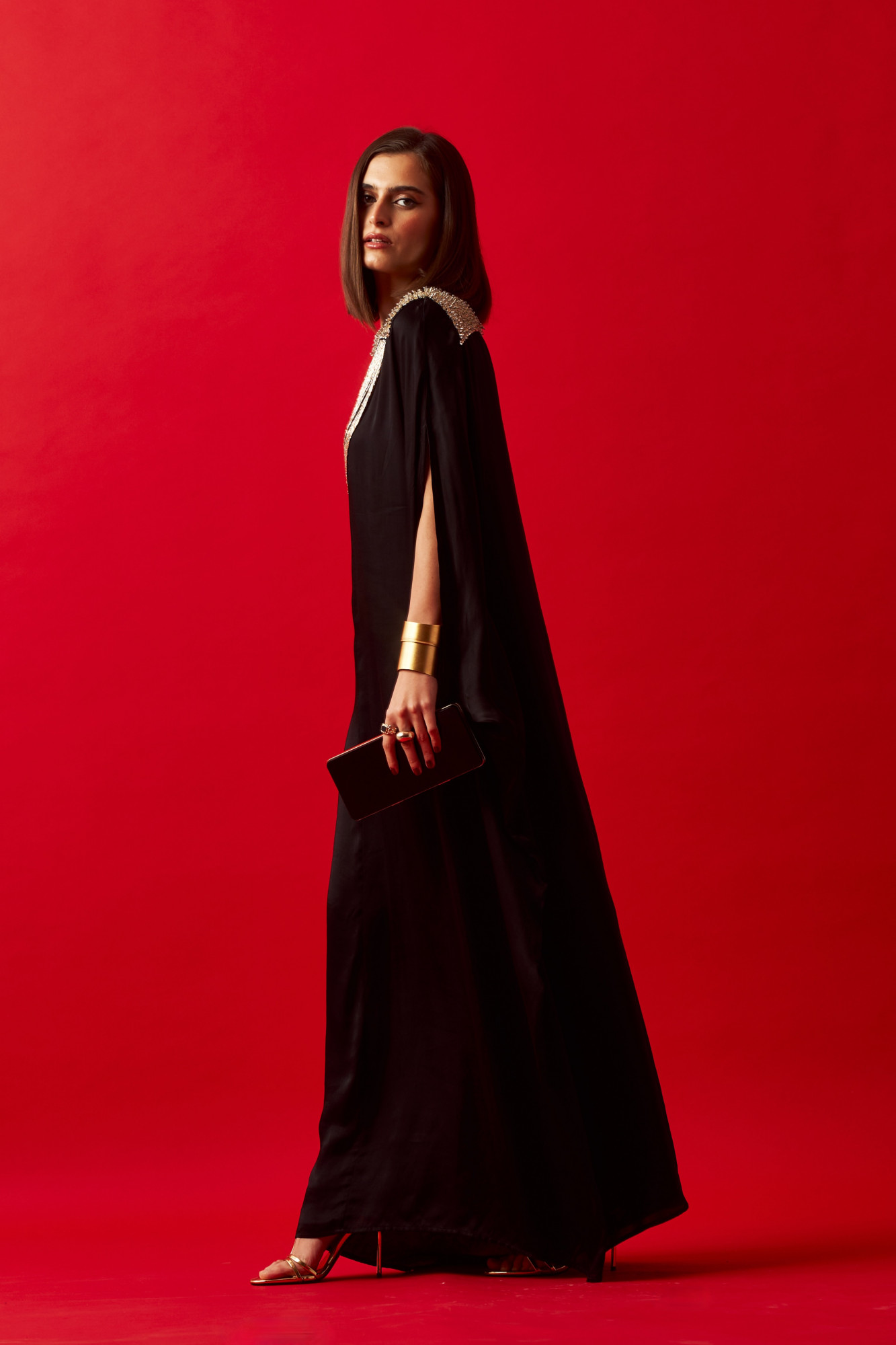 LEILA 02 BLACK COLOR HAND CRAFTED JEWELLED NECK KAFTAN