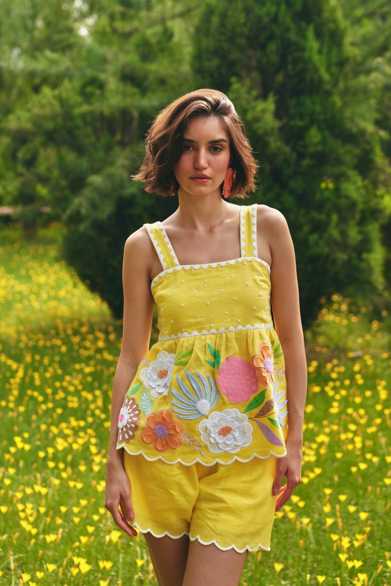 FLORENTINA YELLOW PURE LINEN SLEEVELESS MULTI COLOR EMBROIDERY TOP AND SHORTS SUMMER CO-ORDINATE