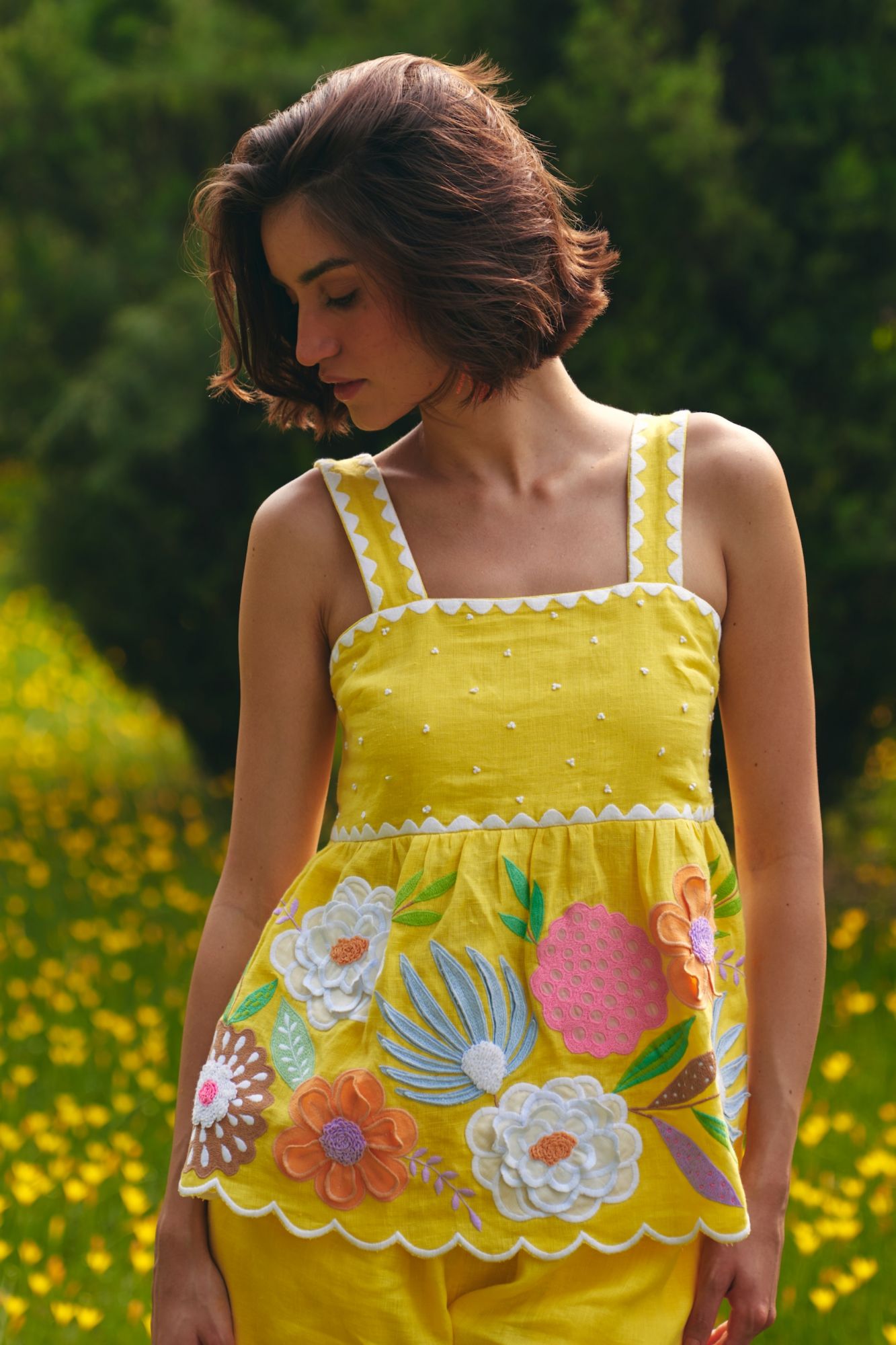 FLORENTINA YELLOW PURE LINEN FABRIC PEPLUM SUMMER TOP WITH MULTI COLOR FLORAL HAND EMBROIDERY