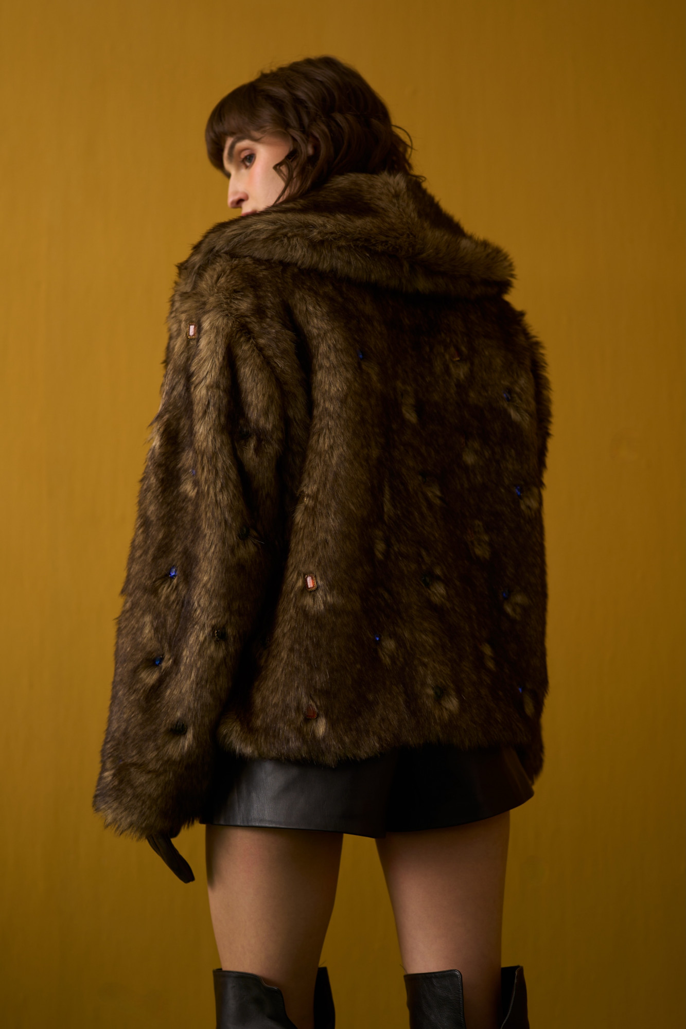 NOMADS BROWN FAUX FUR JACKET WITH RHYTHMIC GEMSTONES EMBELLISHMENTS