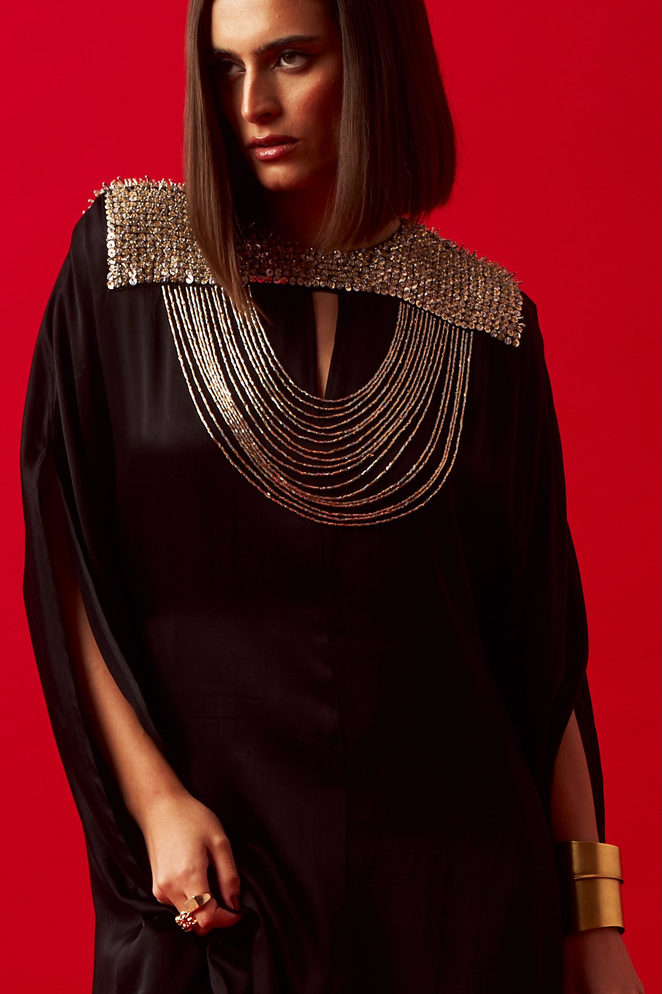 LEILA 02 BLACK COLOR HAND CRAFTED JEWELLED NECK KAFTAN