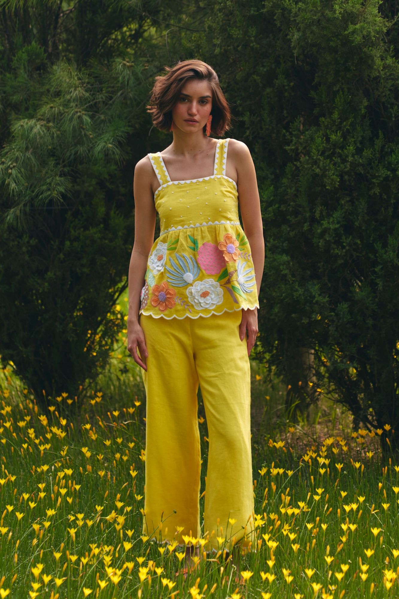 FLORENTINA YELLOW PURE LINEN TOP WITH MULTI COLOR FLOWER EMBROIDERY AND PANTS SUMMER CO-ORDINATE